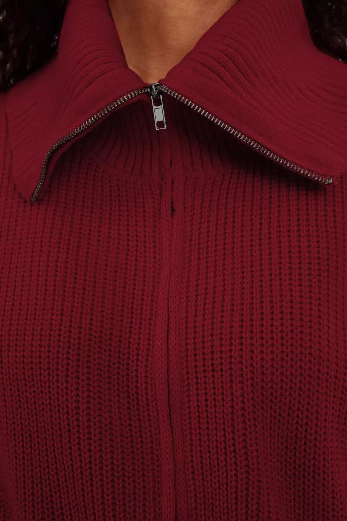 Red Wide Collar Zipper Knitwear Cardigan, , large image number 3