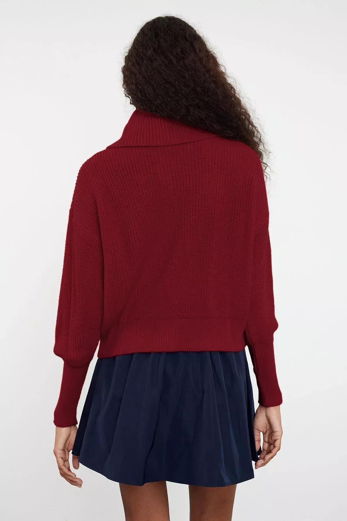 Red Wide Collar Zipper Knitwear Cardigan, , large image number 4