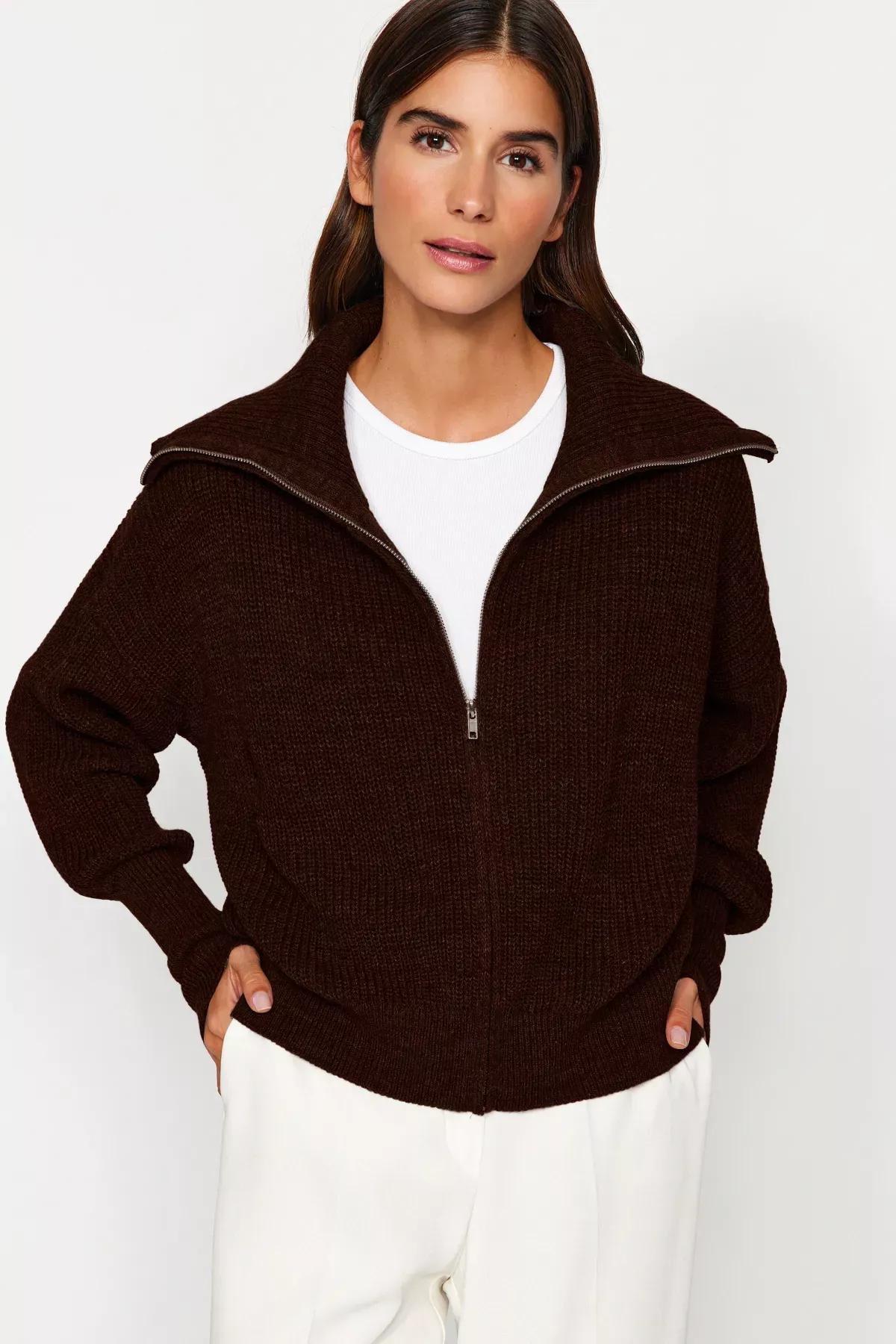 Brown Patterned Collared Zippered Knitted Cardigan, , large image number 0
