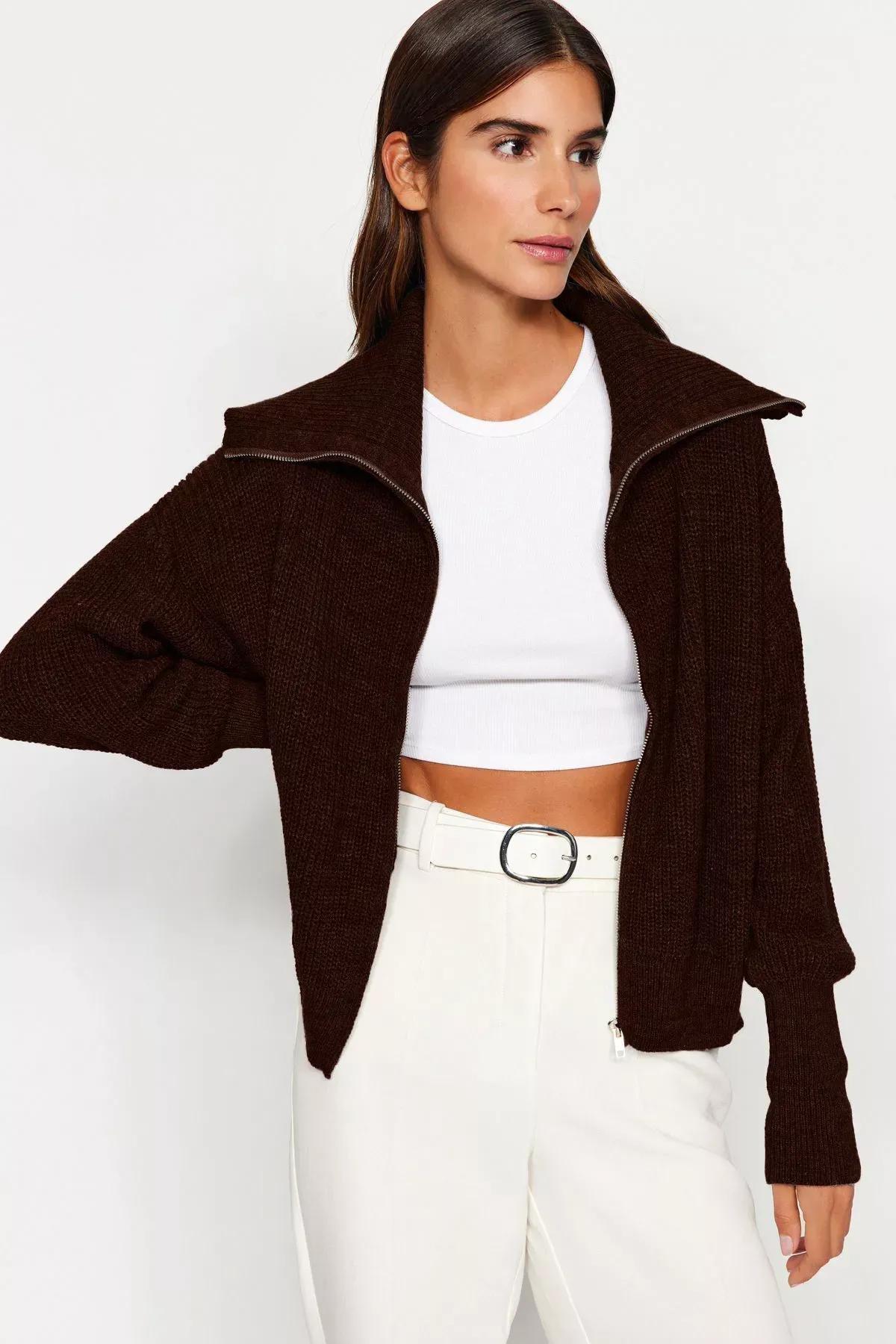 Brown Patterned Collared Zippered Knitted Cardigan, , large image number 1