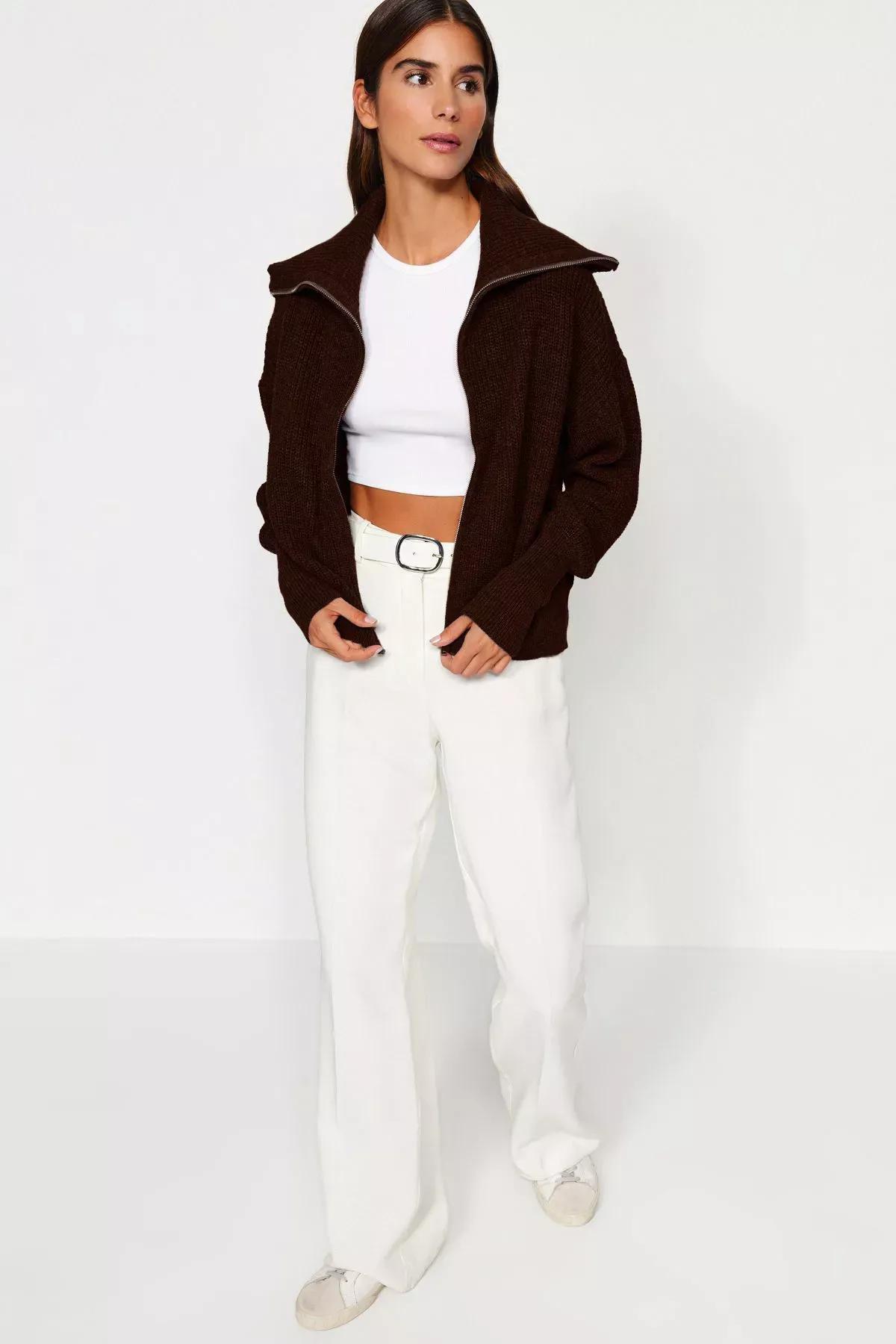 Brown Patterned Collared Zippered Knitted Cardigan, , large image number 2