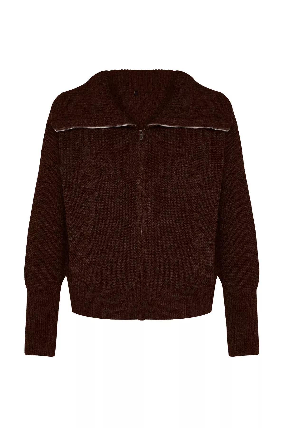 Brown Patterned Collared Zippered Knitted Cardigan, , large image number 5
