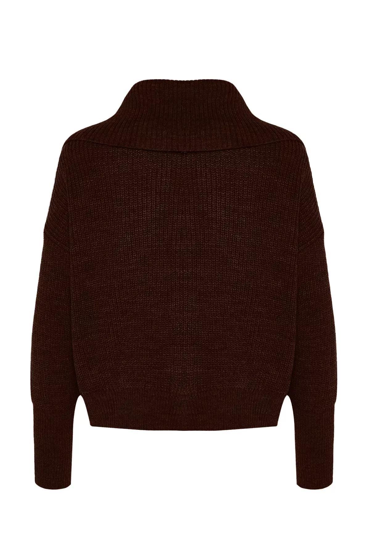 Brown Patterned Collared Zippered Knitted Cardigan, , large image number 6