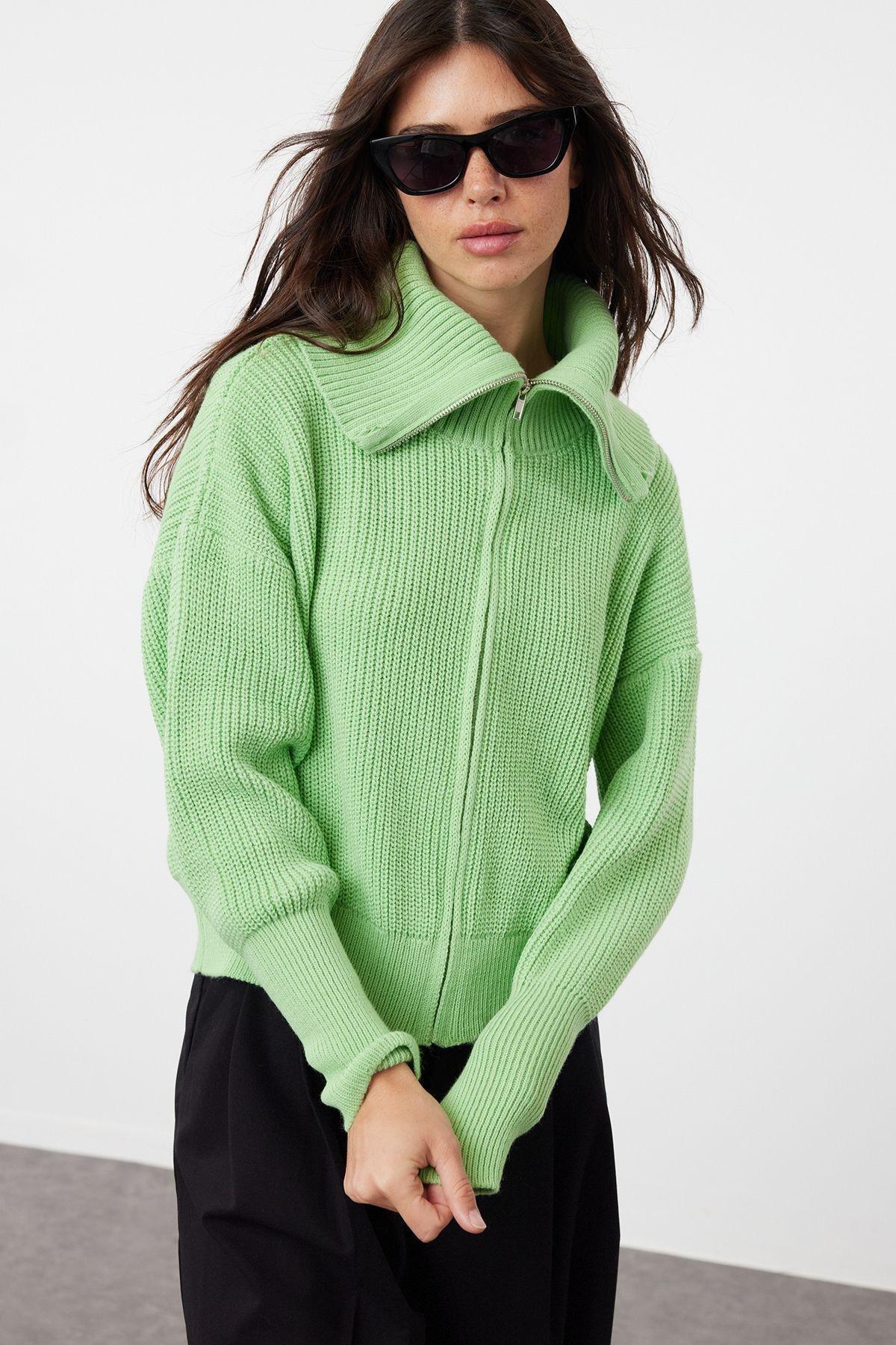 Green Zippered Knitwear Cardigan, , large image number 0