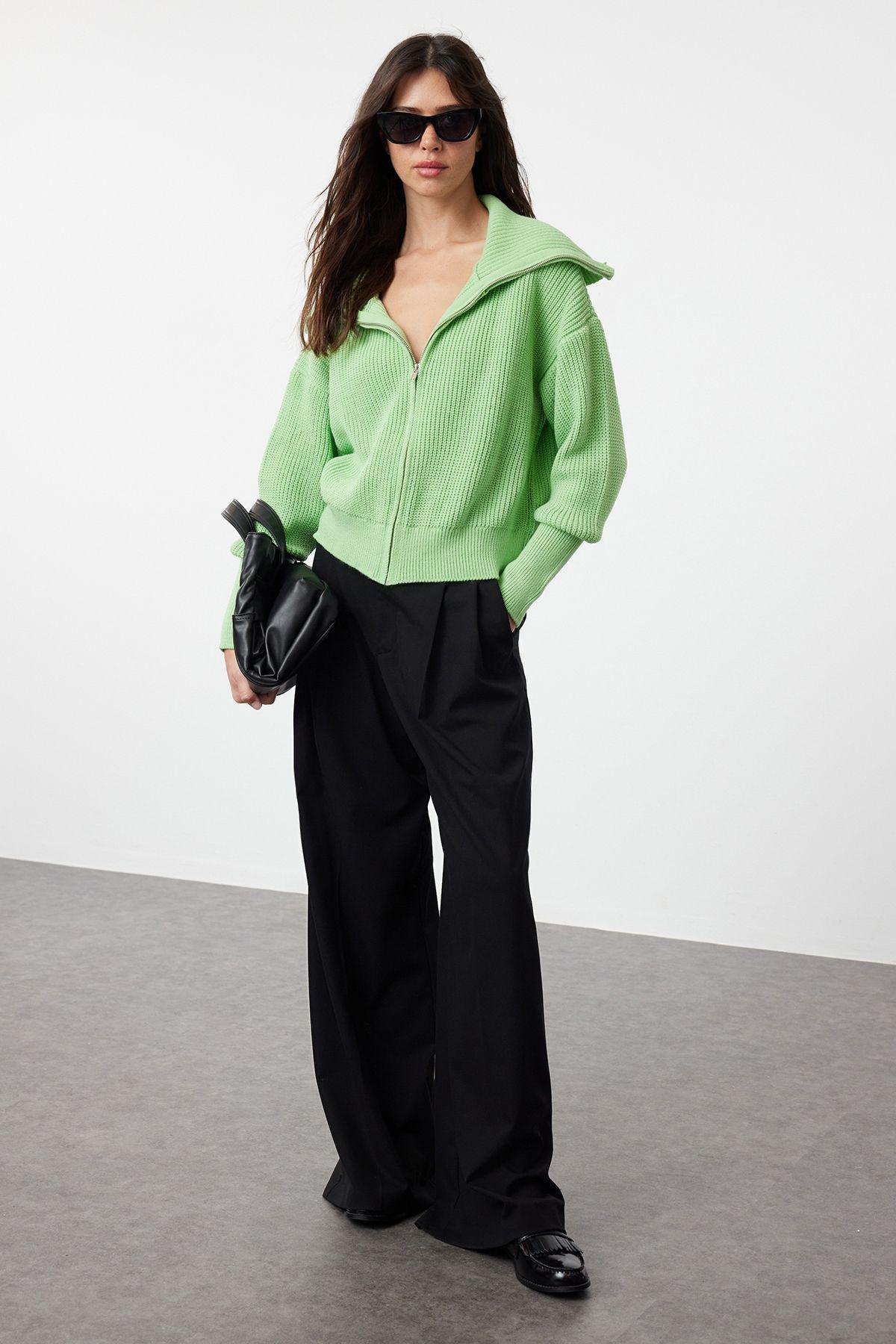 Green Zippered Knitwear Cardigan, , large image number 1
