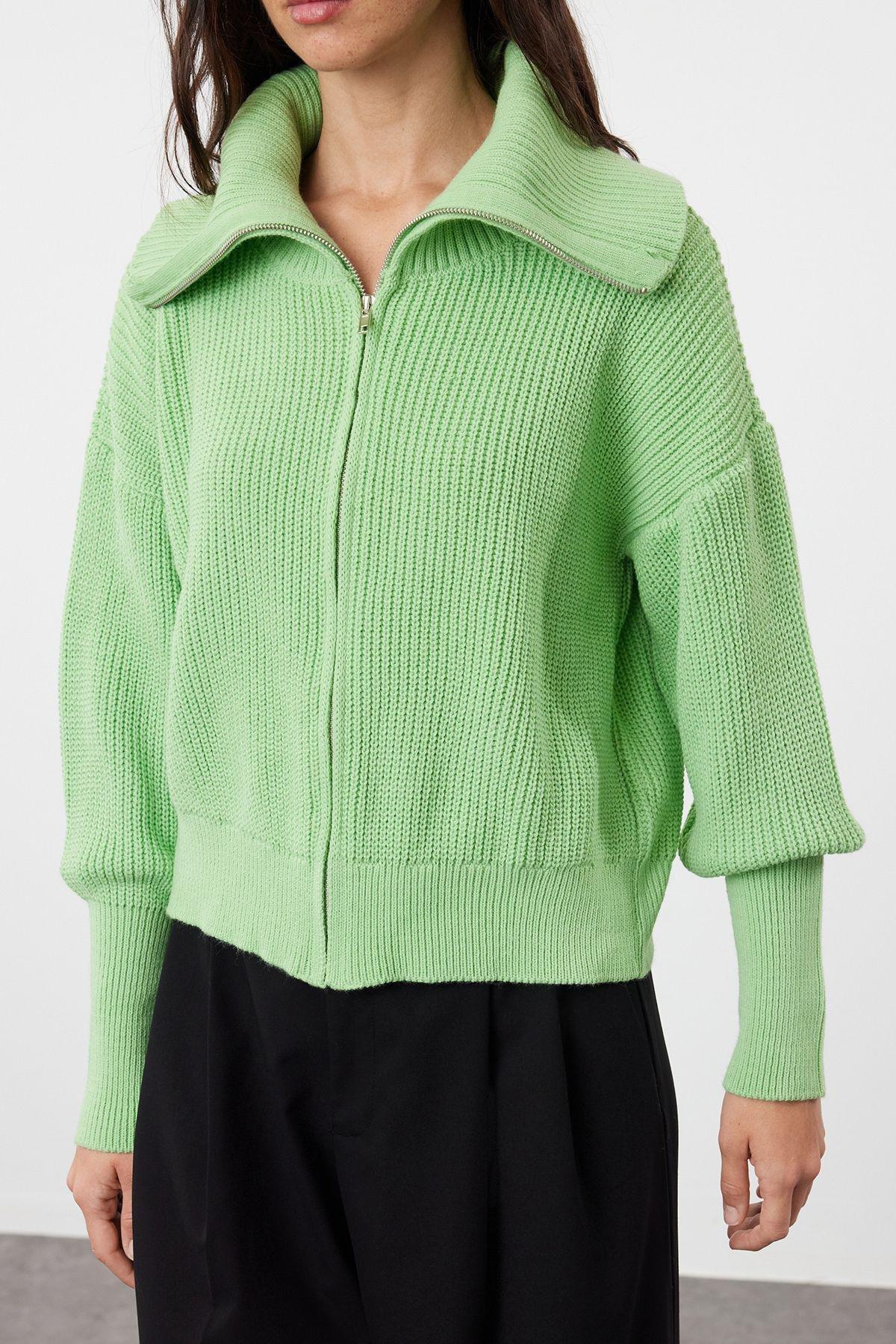 Green Zippered Knitwear Cardigan, , large image number 3
