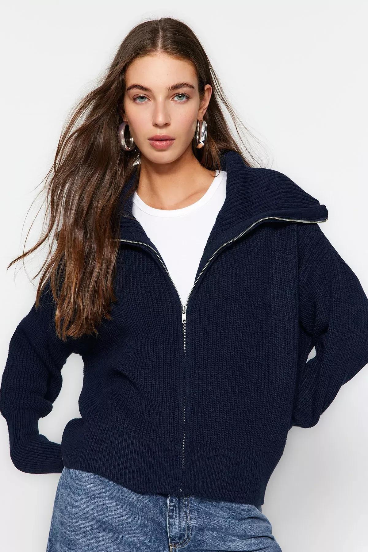 Navy Zippered Collar Knitted Cardigan, Navy blue, medium