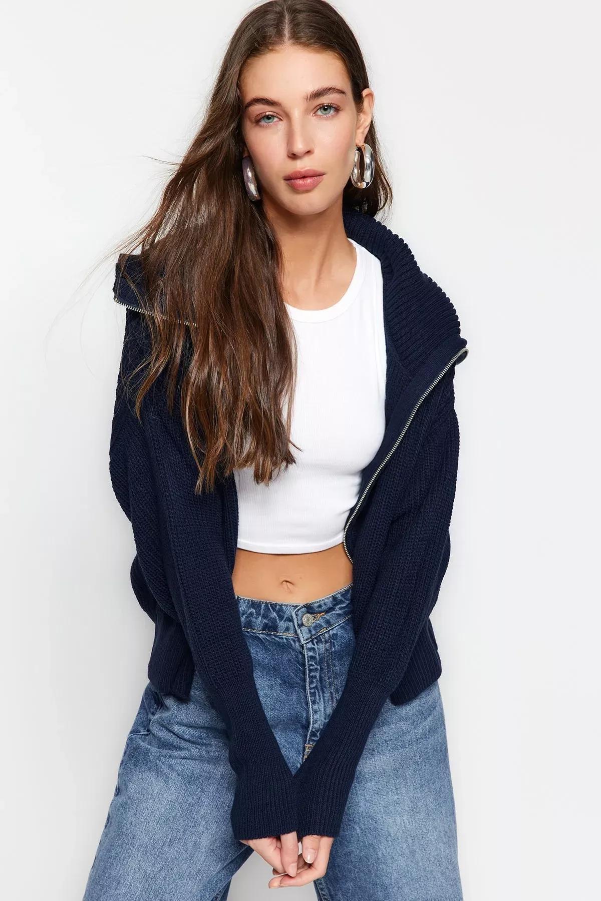 Navy Zippered Collar Knitted Cardigan, Navy blue, medium