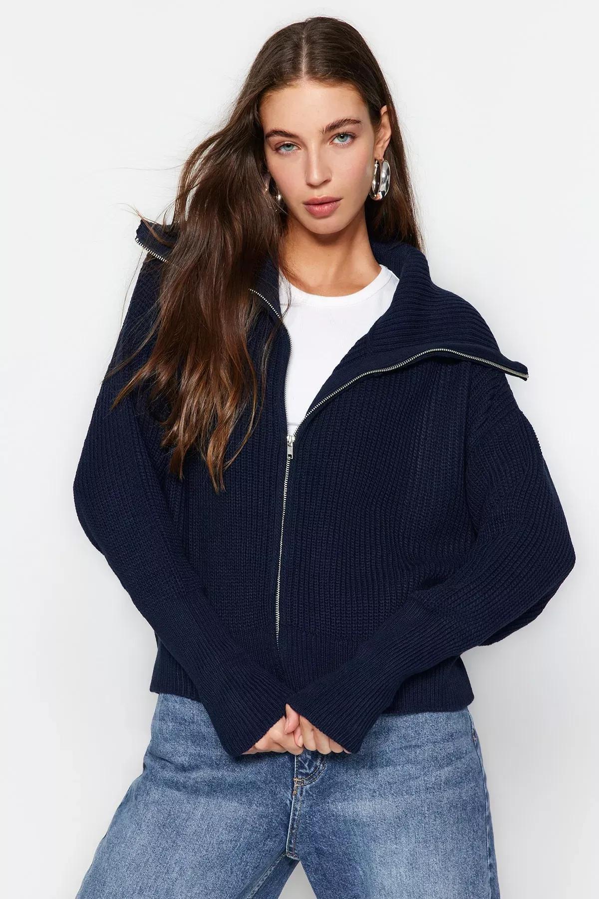 Navy Zippered Collar Knitted Cardigan, , large image number 2