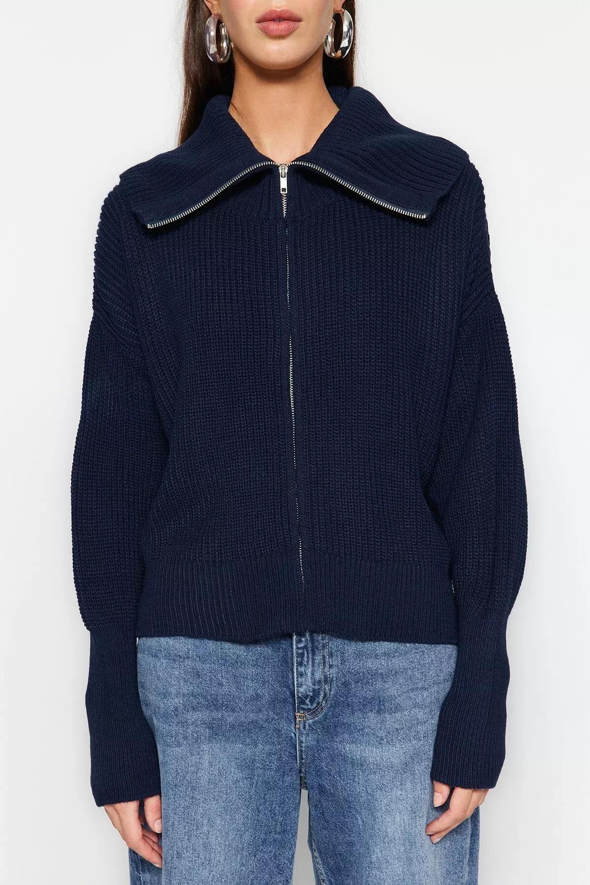 Navy Zippered Collar Knitted Cardigan, Navy blue, large image number 3