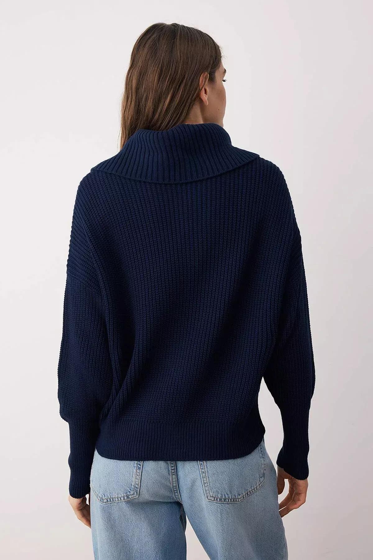Navy Zippered Collar Knitted Cardigan, , large image number 4