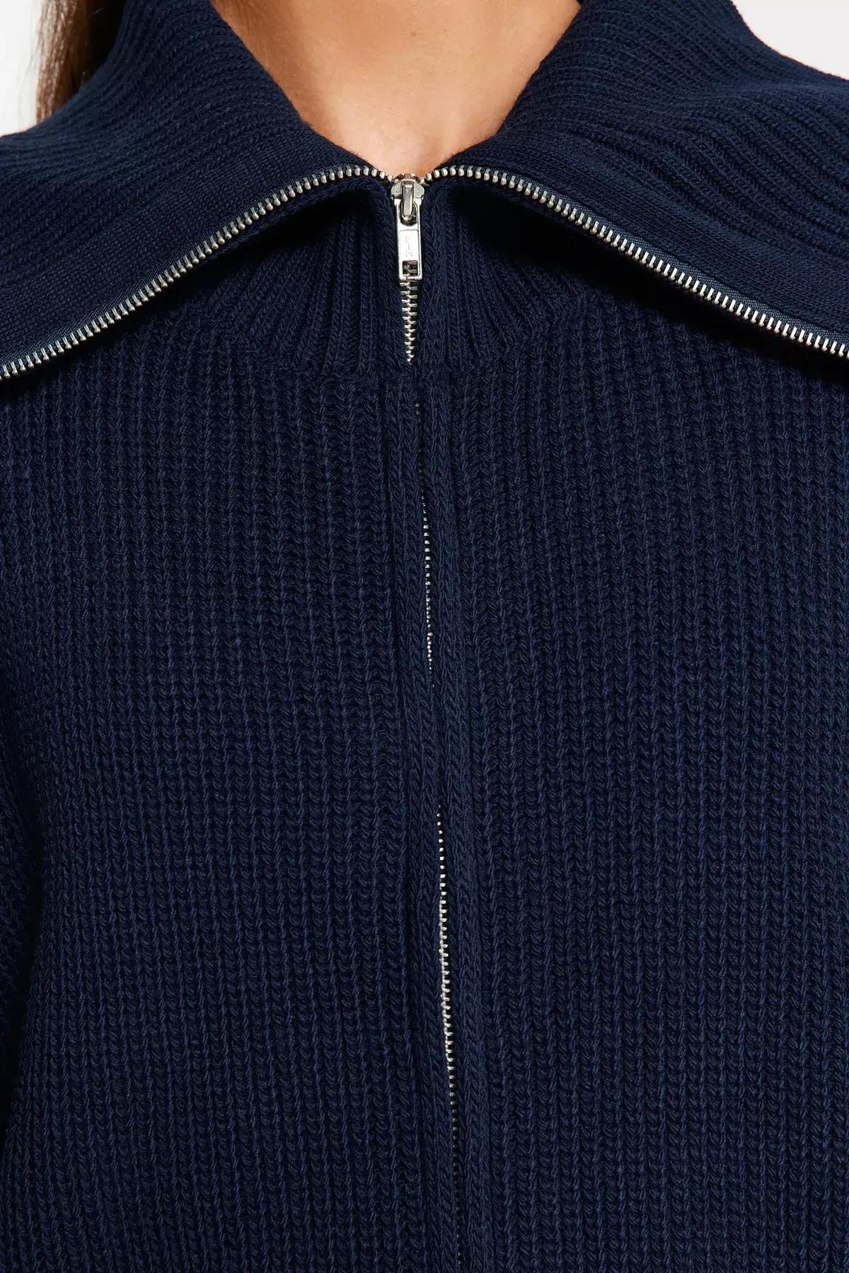 Navy Zippered Collar Knitted Cardigan, , large image number 5