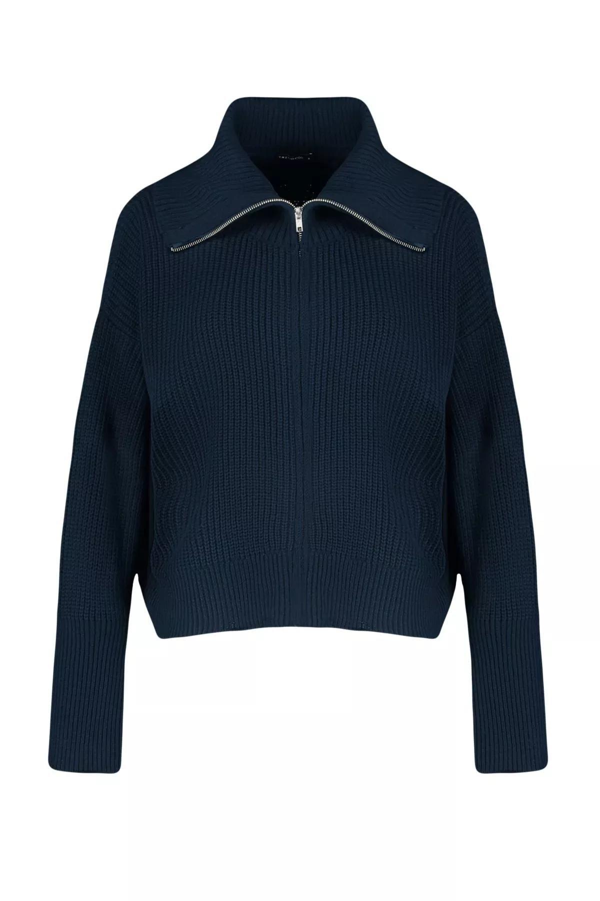 Navy Zippered Collar Knitted Cardigan, , large image number 6