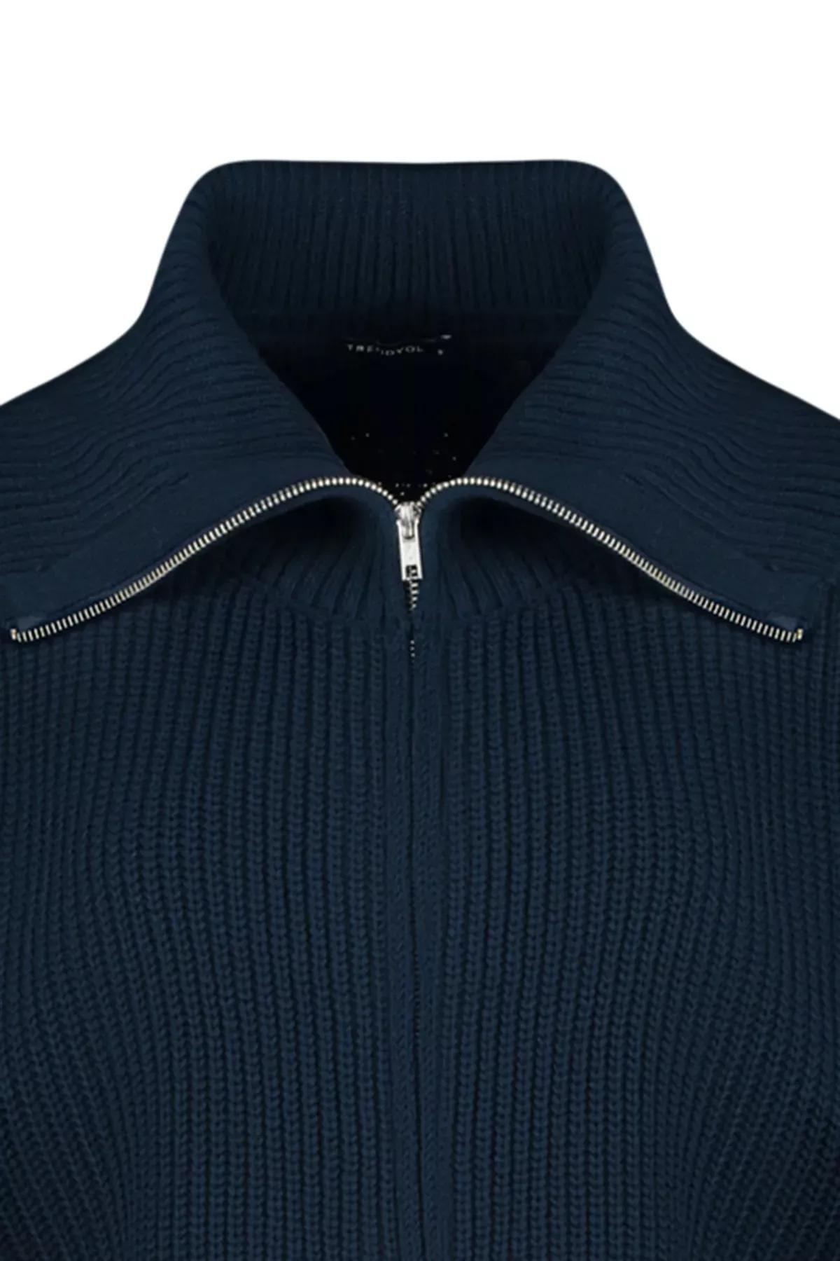 Navy Zippered Collar Knitted Cardigan, Navy blue, large image number 7