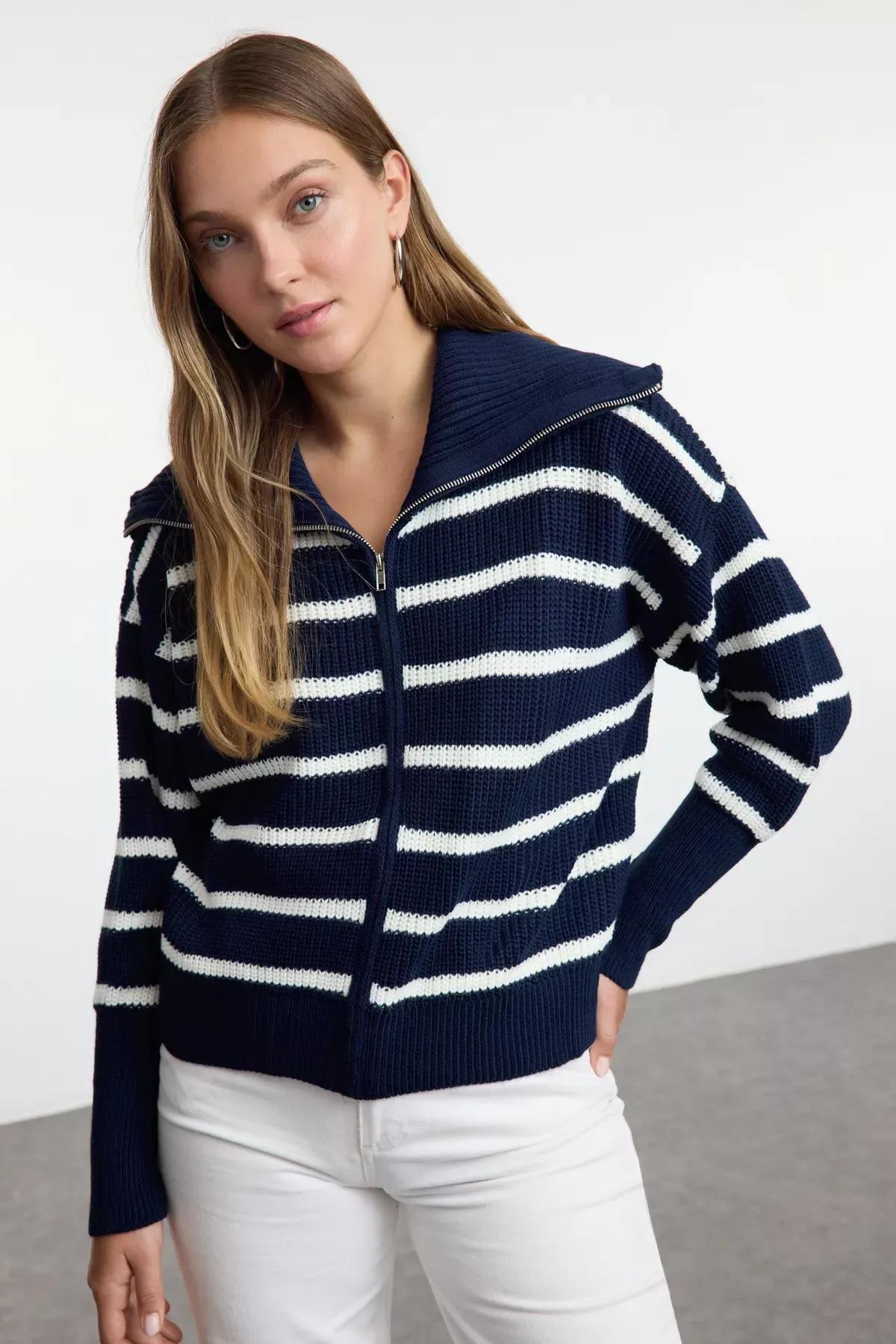 Navy Wide Cut Collared Zippered Knitted Cardigan, C101_4136, large image number 0