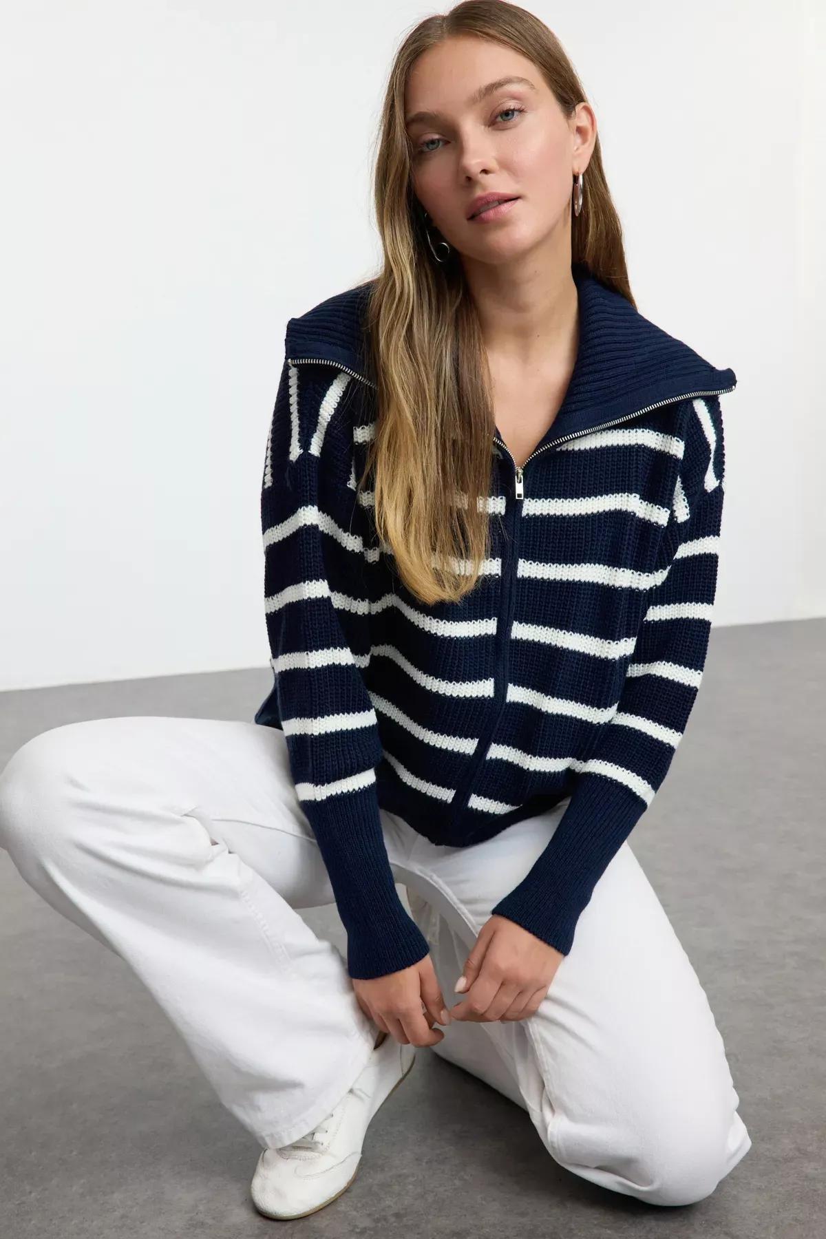 Navy Wide Cut Collared Zippered Knitted Cardigan, C101_4136, large image number 1