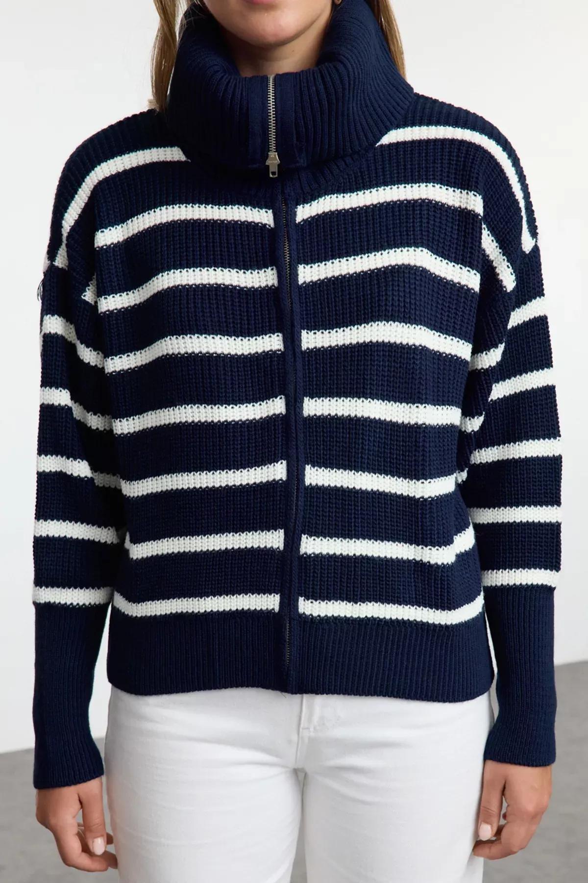 Navy Wide Cut Collared Zippered Knitted Cardigan, C101_4136, large image number 2