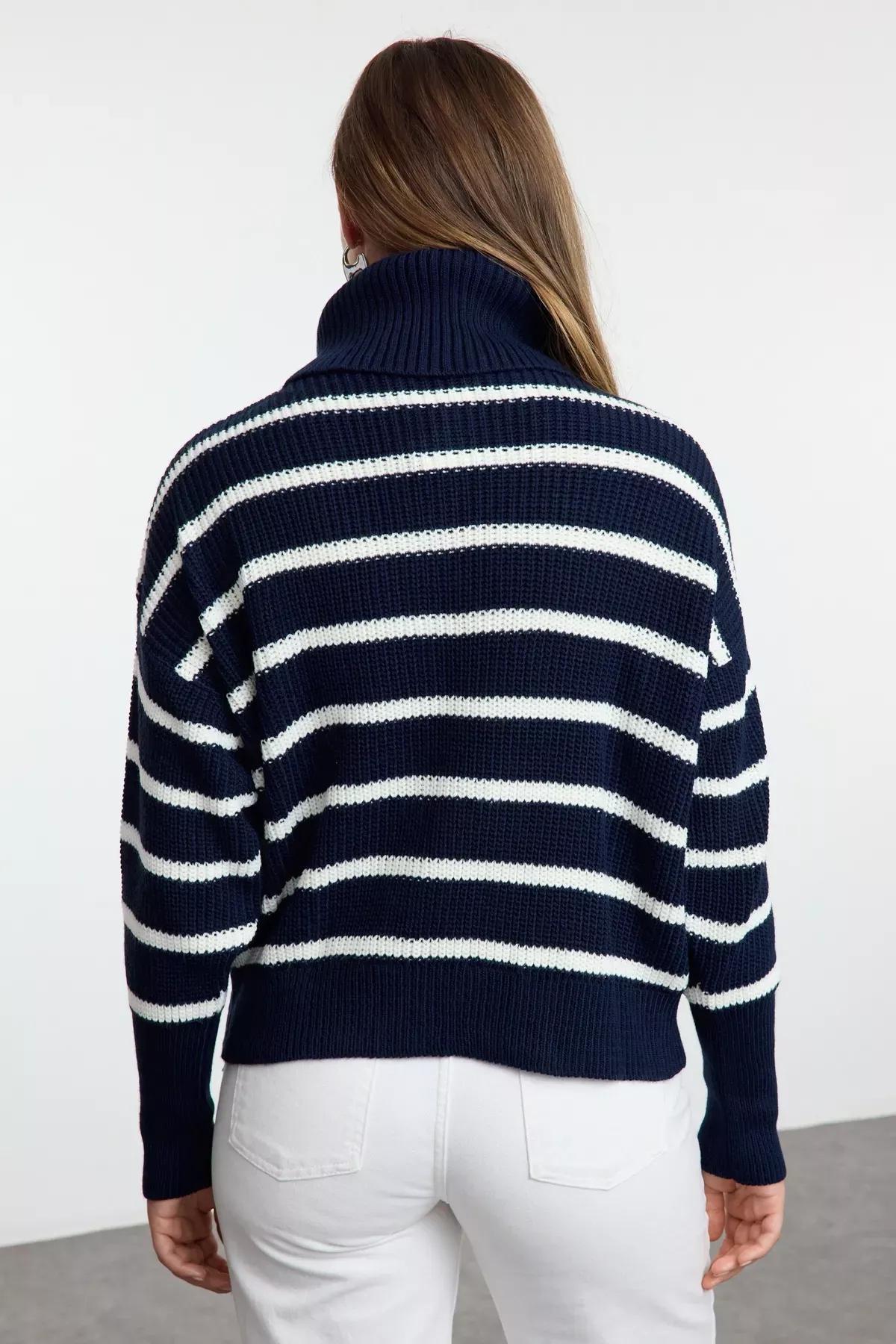 Navy Wide Cut Collared Zippered Knitted Cardigan, C101_4136, large image number 4