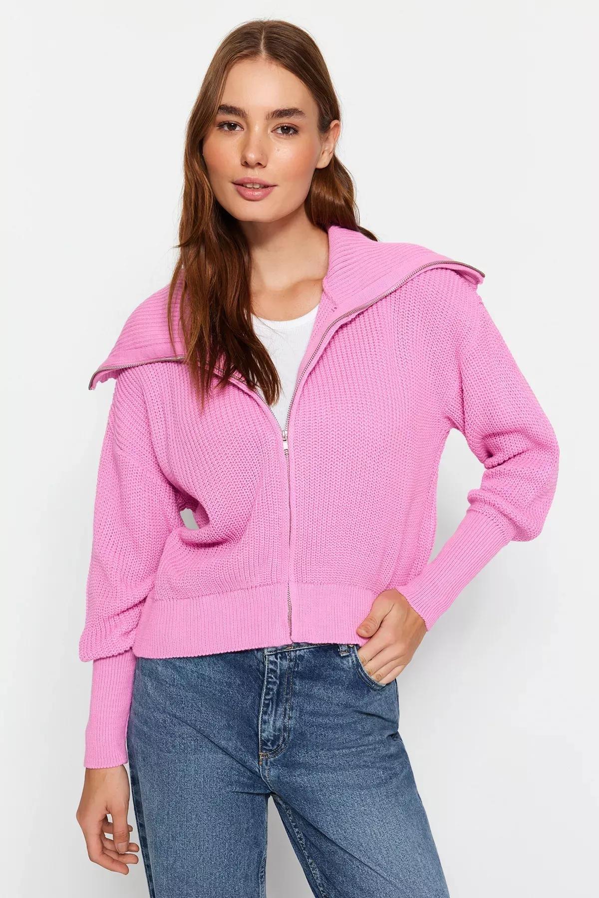 Pink Zippered Knitwear Cardigan, Pink, large image number 0
