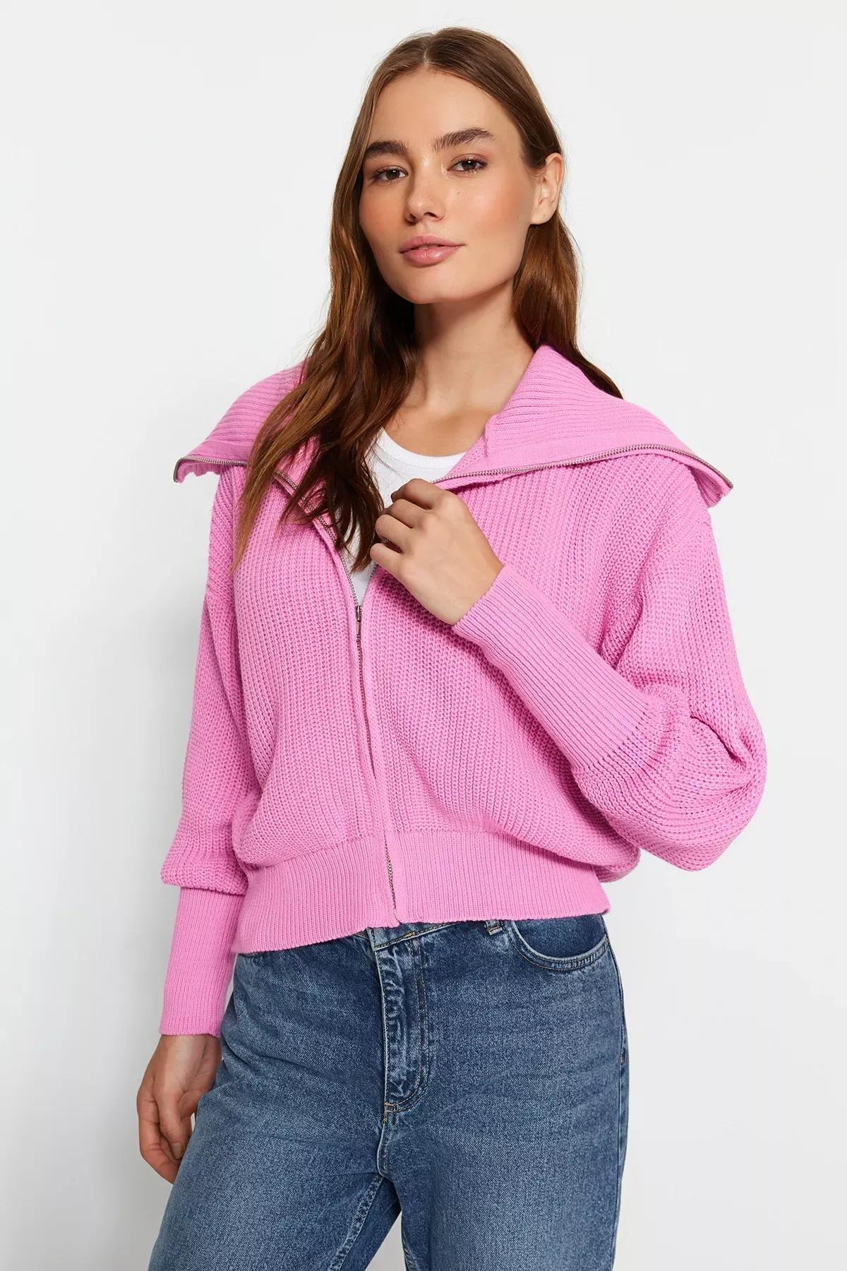 Pink Zippered Knitwear Cardigan, Pink, large image number 1