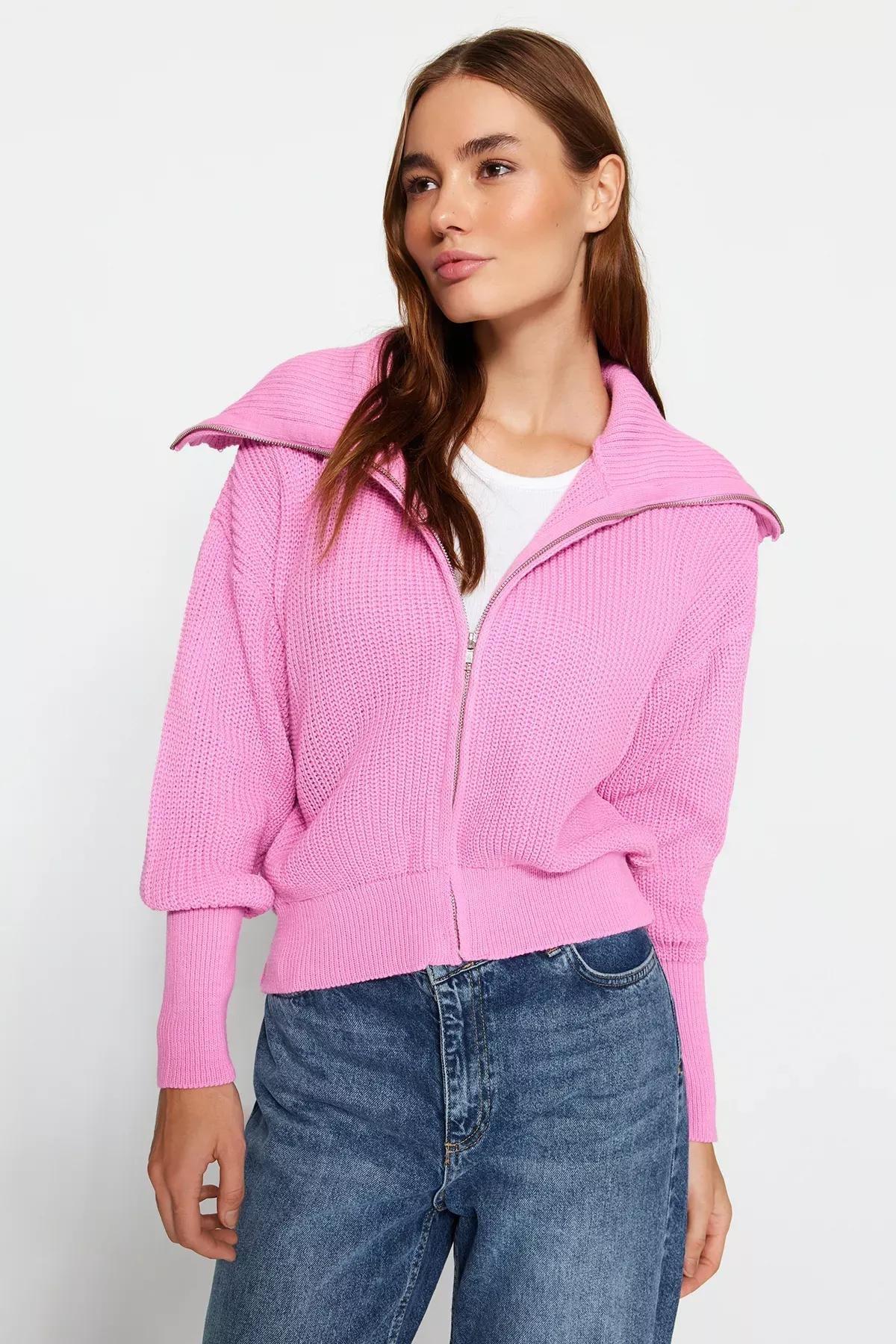 Pink Zippered Knitwear Cardigan, Pink, large image number 2
