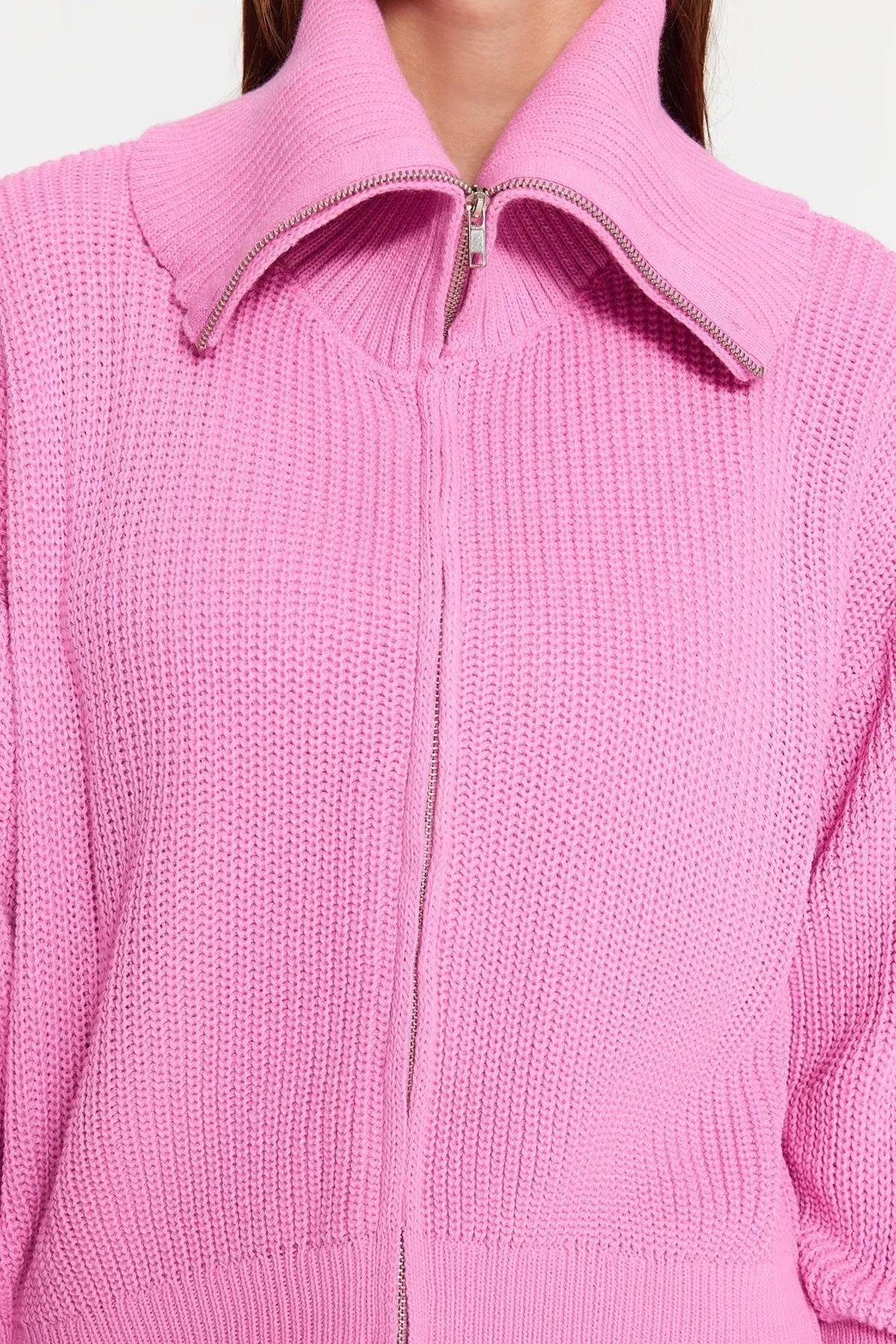 Pink Zippered Knitwear Cardigan, Pink, large image number 3