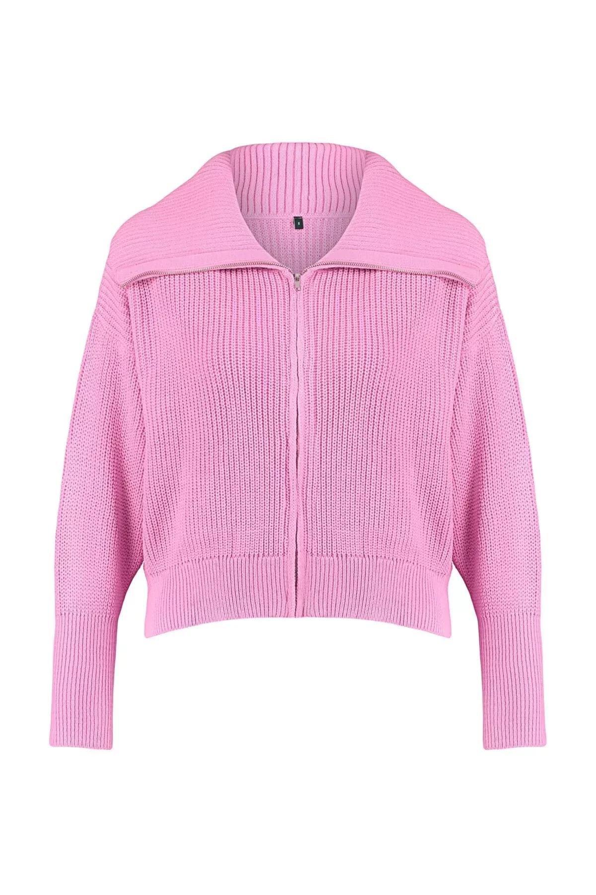 Pink Zippered Knitwear Cardigan, Pink, large image number 4