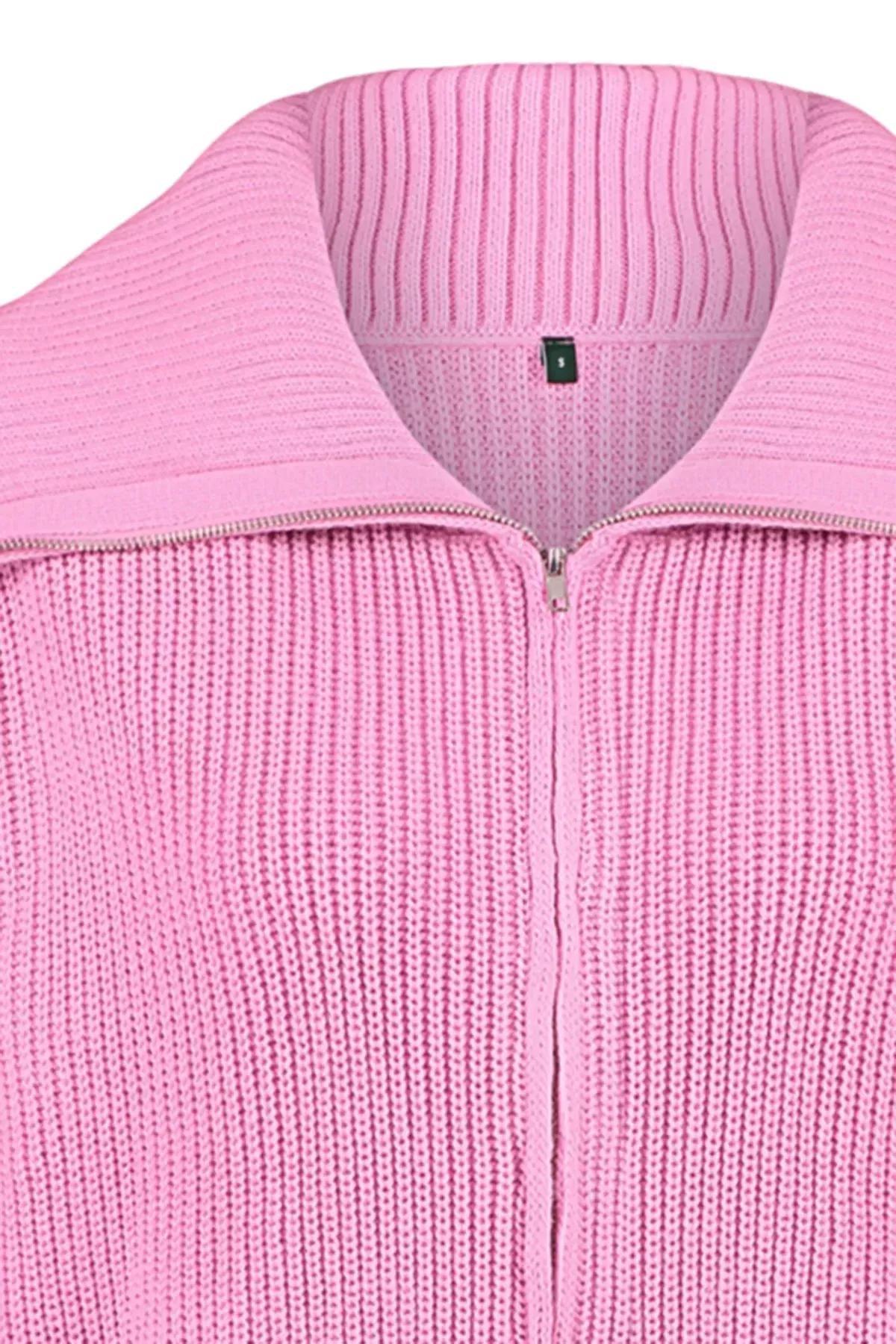 Pink Zippered Knitwear Cardigan, Pink, large image number 5