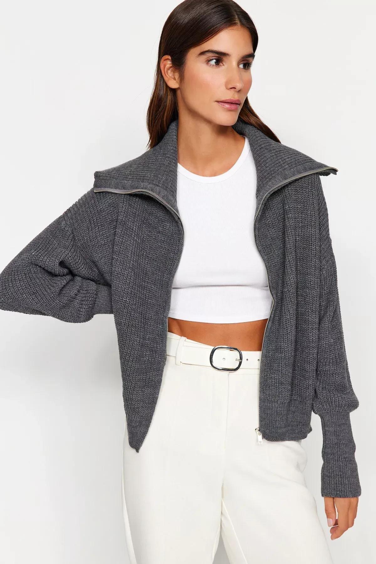 Grey Zippered Cardigan, Anthracite, large image number 10