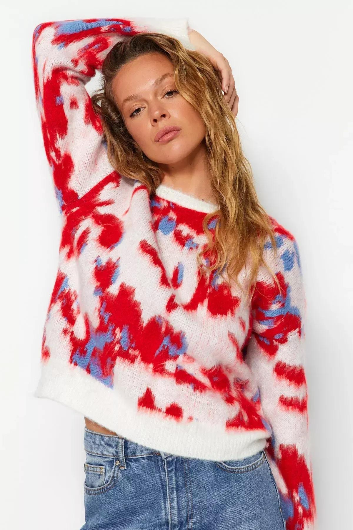 Cream Tie-Dye Print Sweater, Ecru, large image number 1
