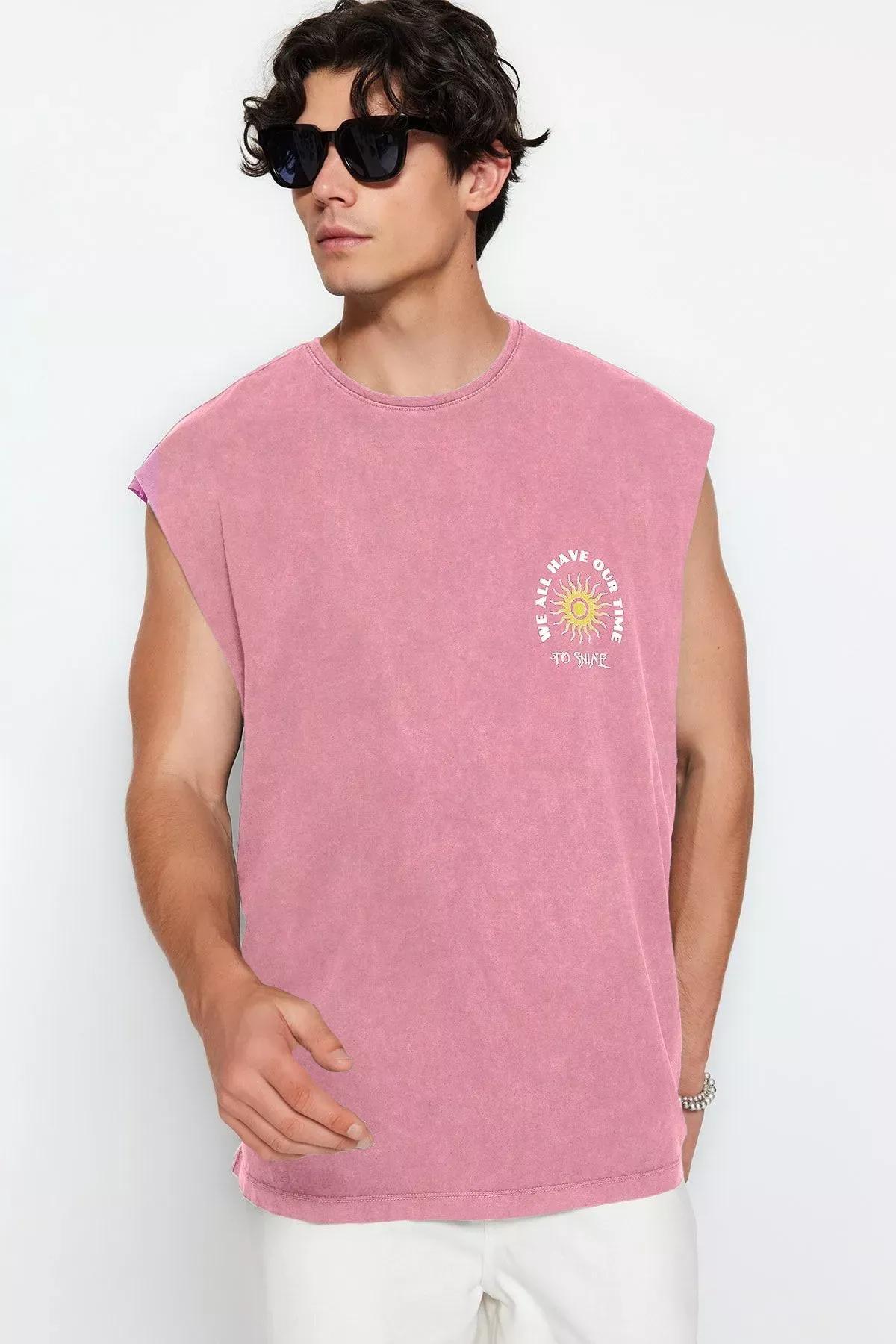Pink Oversize Faded Text Print T-Shirt, Dried rose, large image number 1