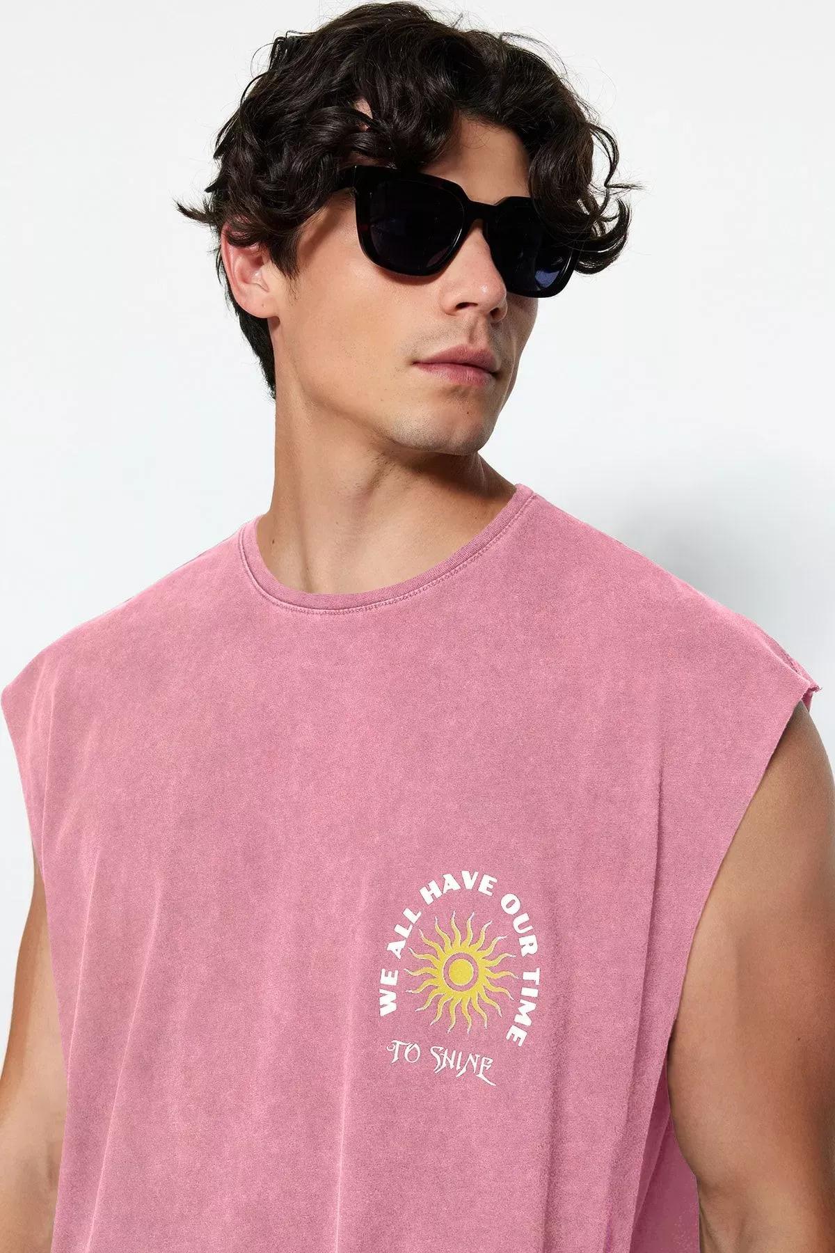 Pink Oversize Faded Text Print T-Shirt, Dried rose, large image number 3