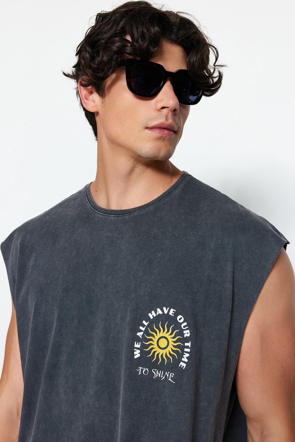 Grey Oversize Printed Cotton T-Shirt, , large image number 0