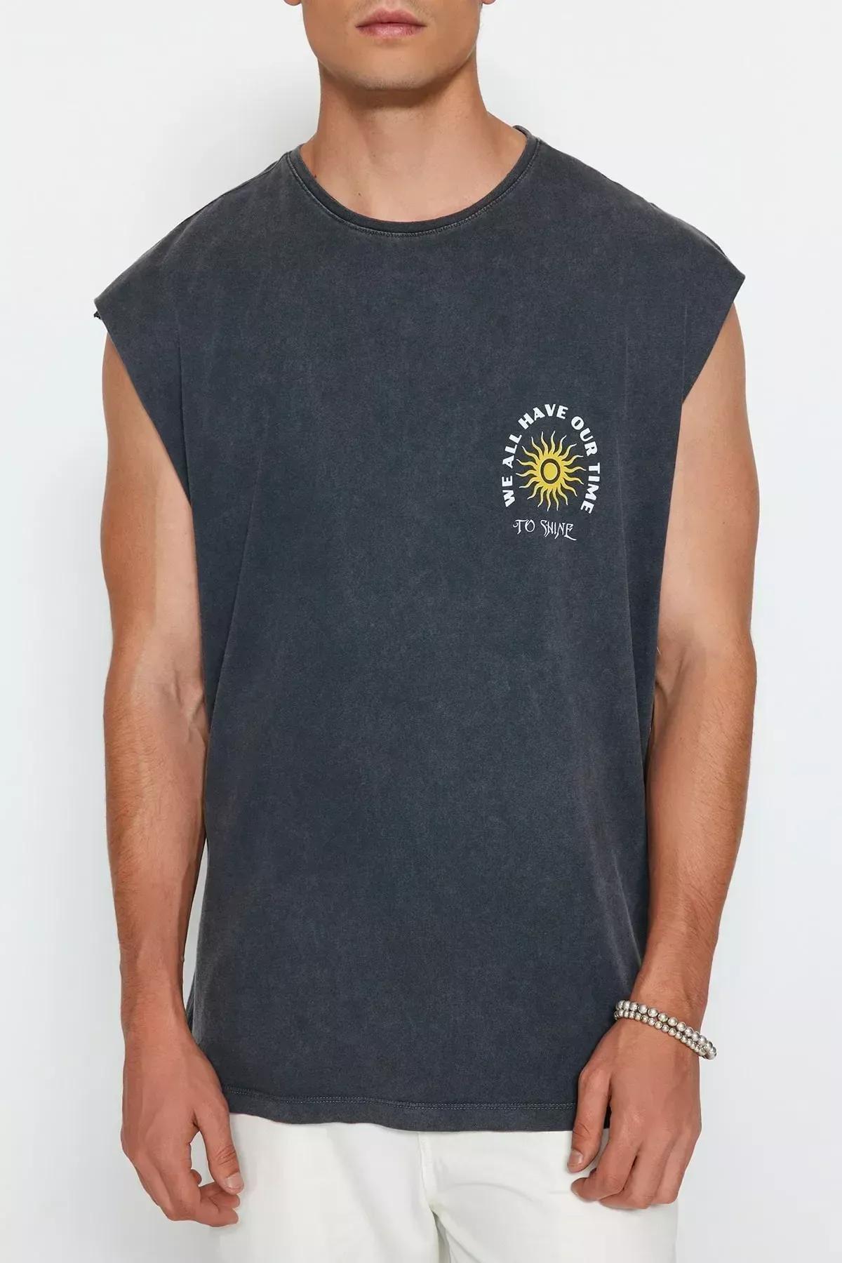 Grey Oversize Printed Cotton T-Shirt, Anthracite, large image number 2