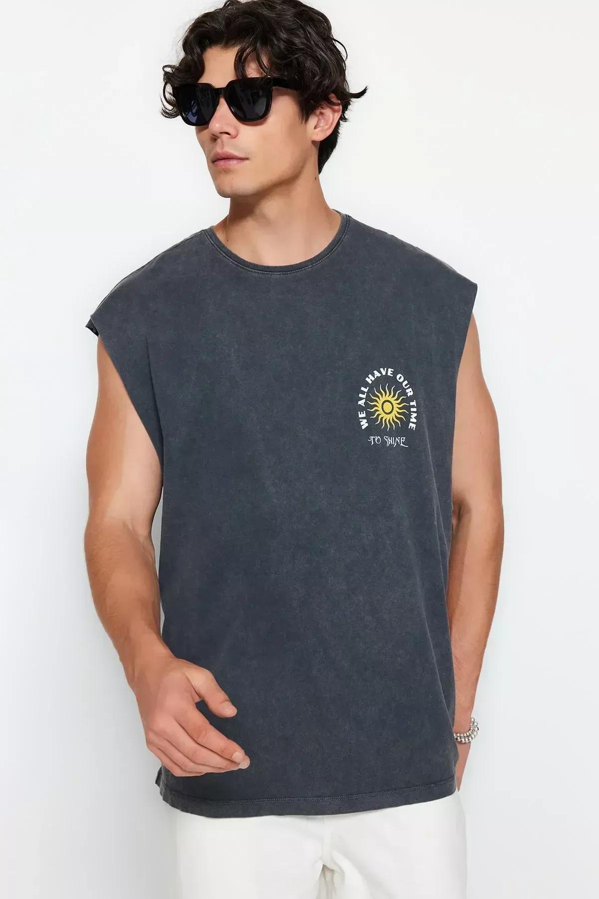 Grey Oversize Printed Cotton T-Shirt, Anthracite, large image number 4