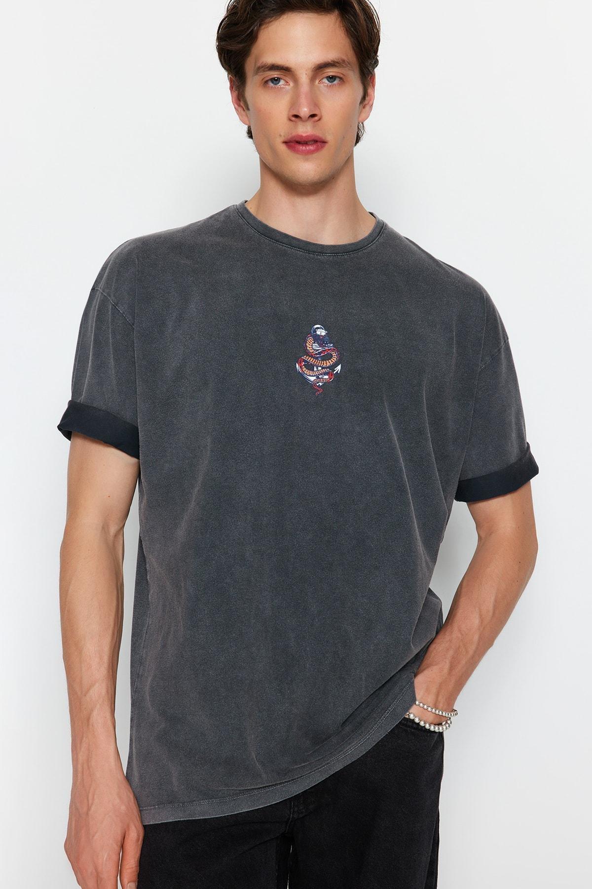 Grey Graphic Crew Neck Oversize T-Shirt, , large image number 0