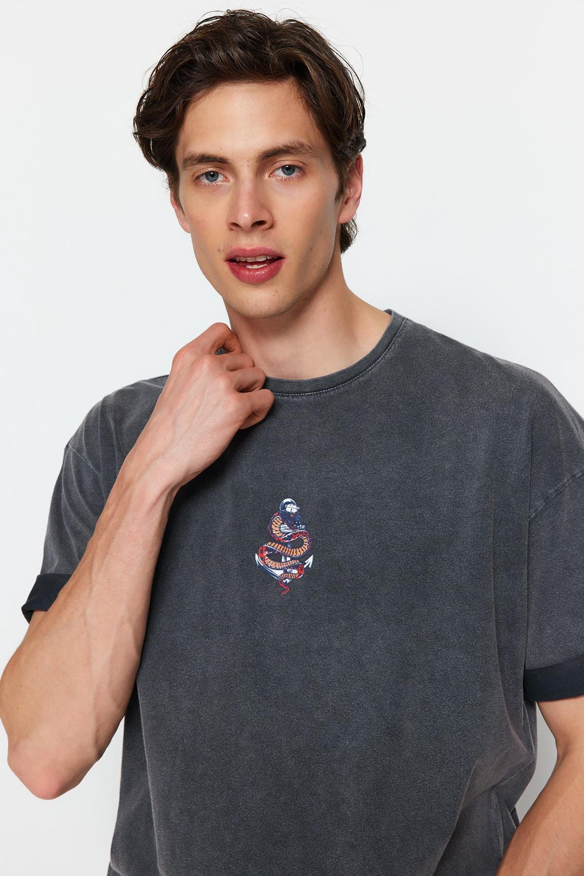 Grey Graphic Crew Neck Oversize T-Shirt, , large image number 1