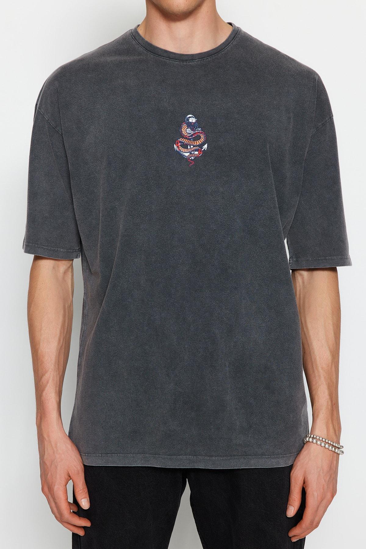 Grey Graphic Crew Neck Oversize T-Shirt, , large image number 3