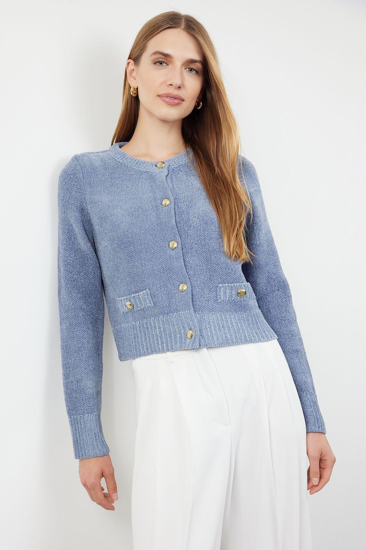 Blue Crop Premium Yarn/Special Yarn Pocket Detailed Jacket-Look Knitwear Cardigan TWOAW24HI00051, Single item, , large image number 0