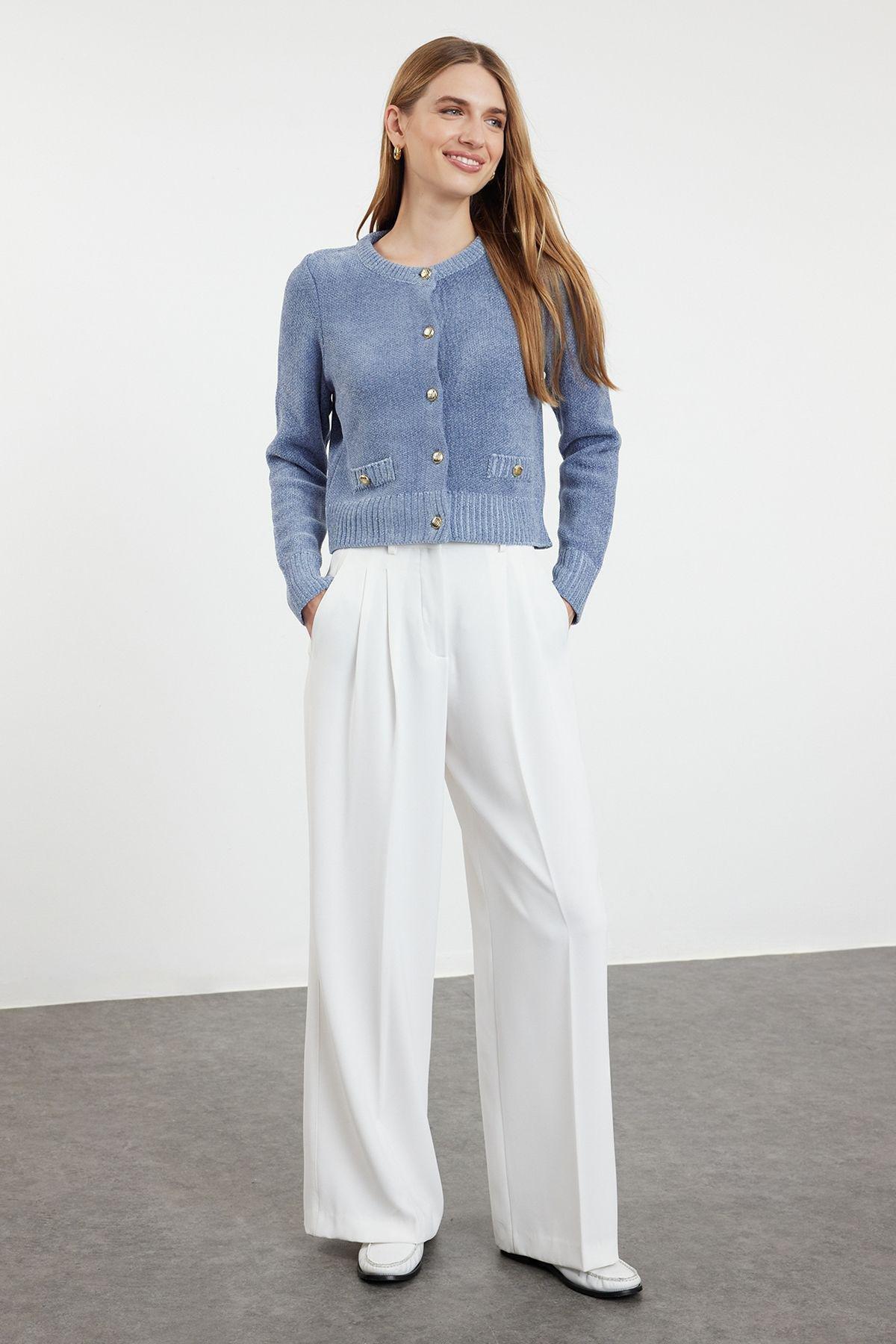 Blue Crop Premium Yarn/Special Yarn Pocket Detailed Jacket-Look Knitwear Cardigan TWOAW24HI00051, Single item, , large image number 1