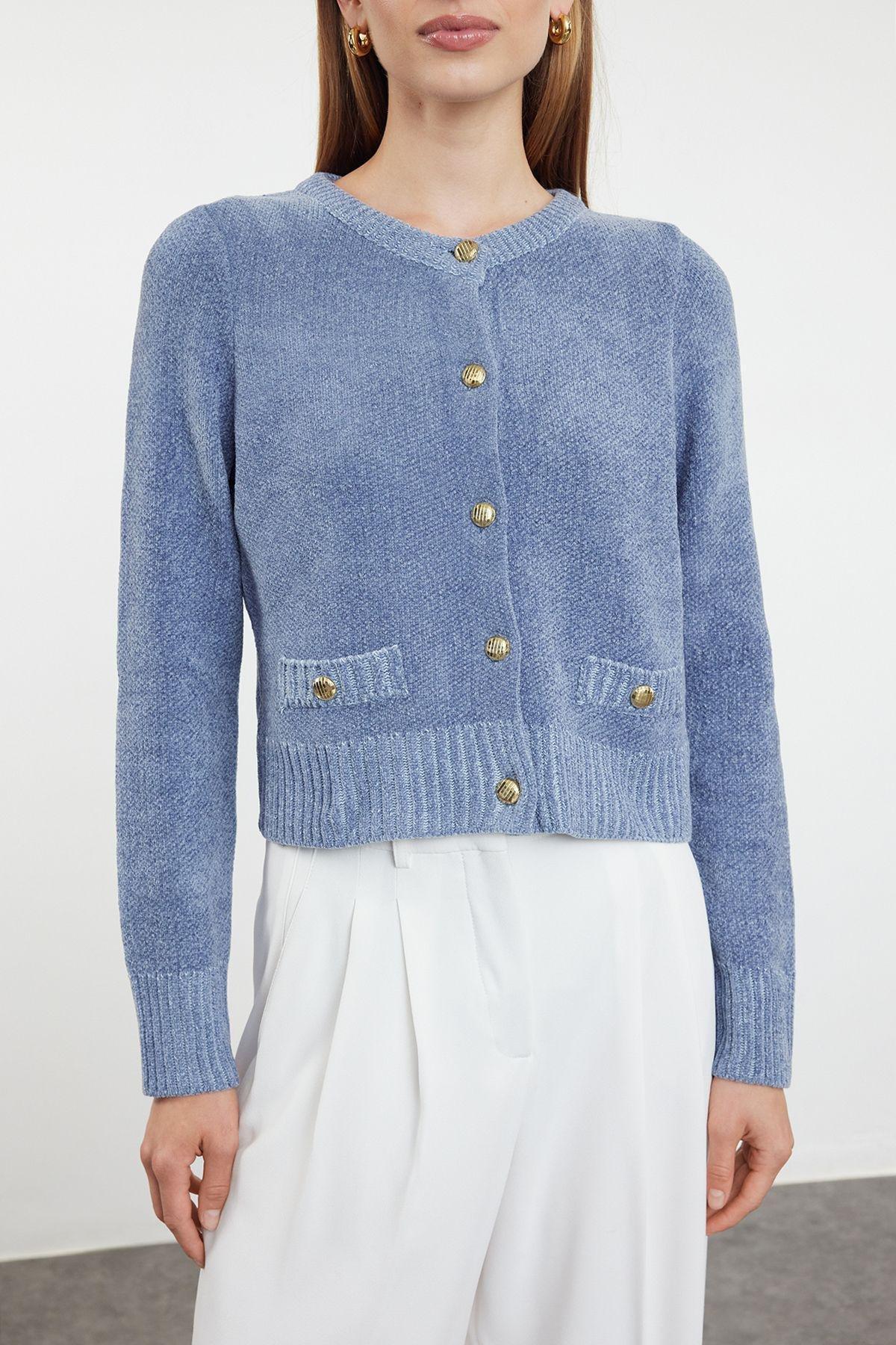 Blue Crop Premium Yarn/Special Yarn Pocket Detailed Jacket-Look Knitwear Cardigan TWOAW24HI00051, Single item, , large image number 2