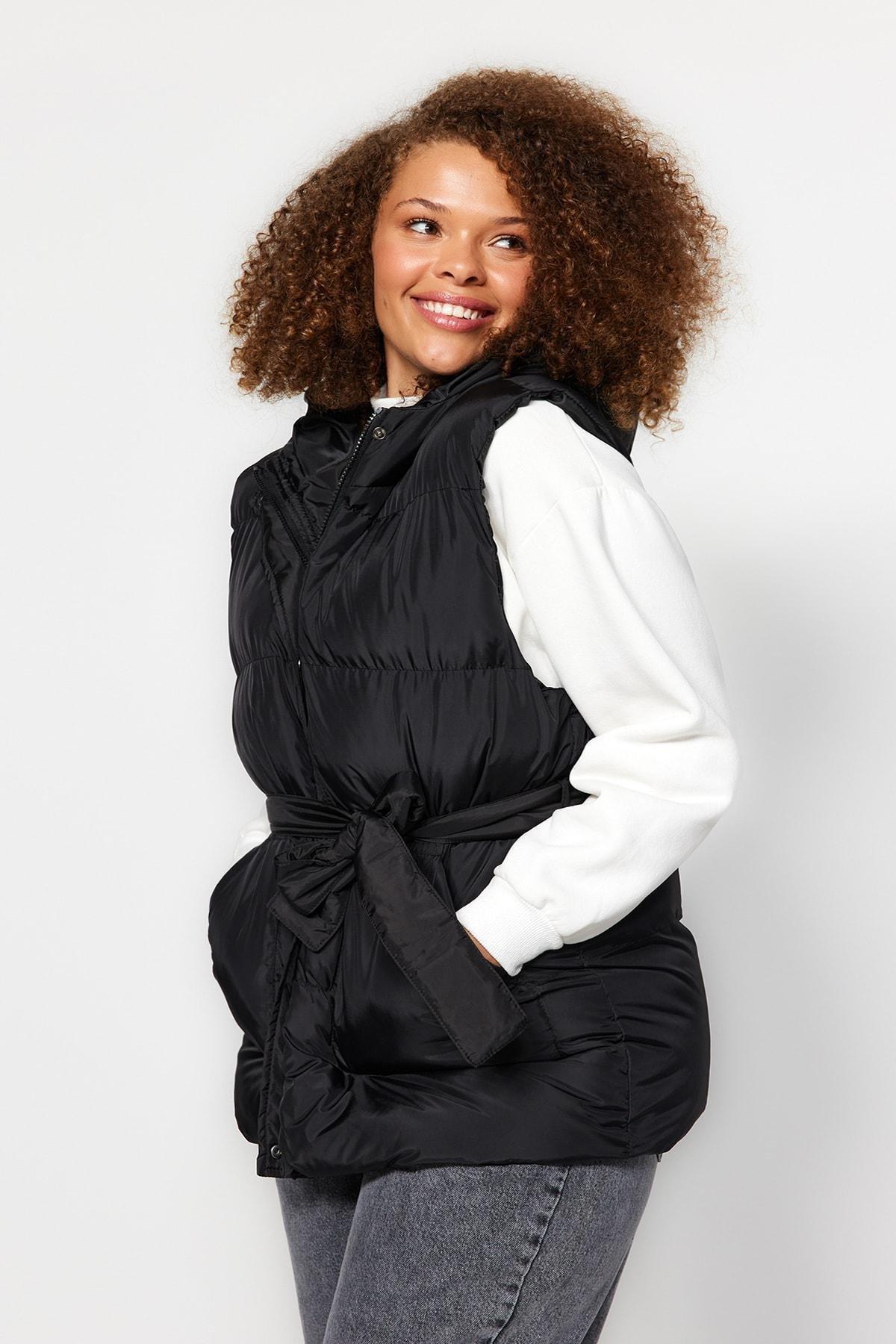 Black Hooded Puffer Plus Size Vest, , large image number 0