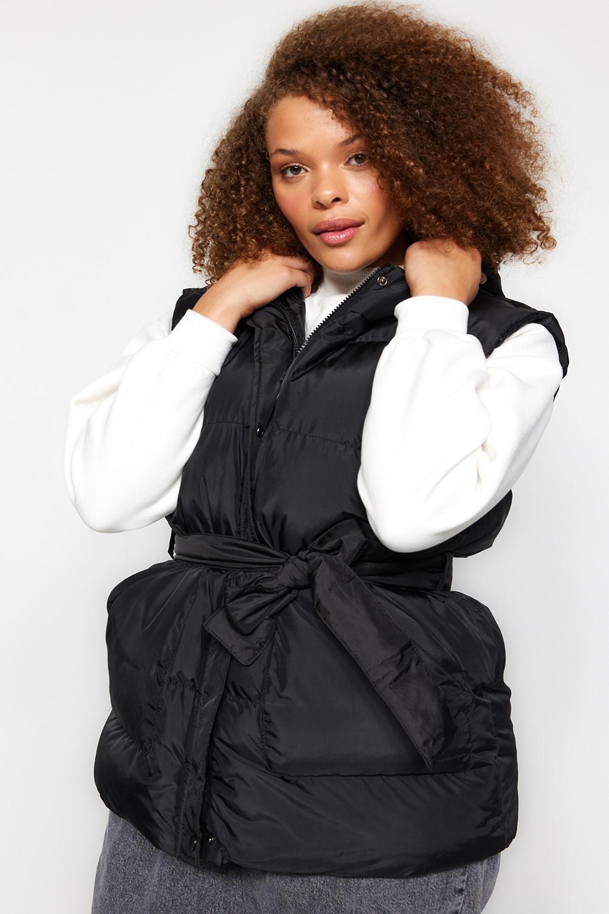 Black Hooded Puffer Plus Size Vest, , large image number 1