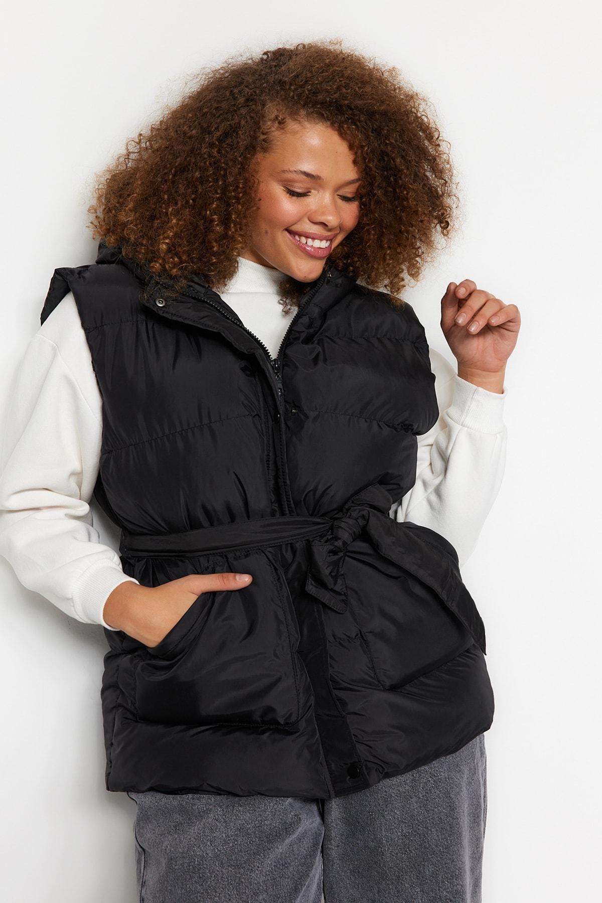 Trendyol - Black Hooded Puffer Plus Size Vest