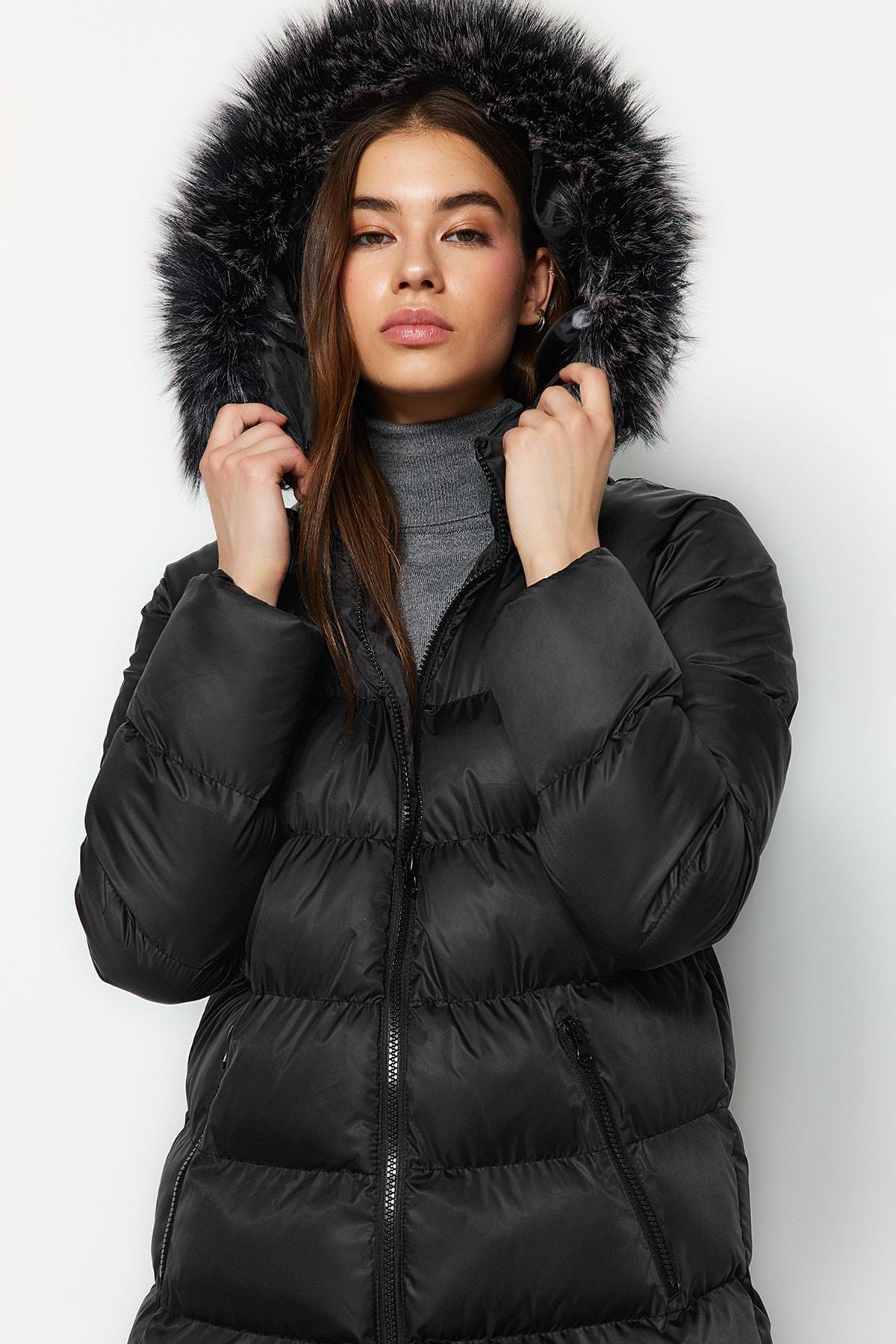 Black Hooded Puffer Jacket, , large image number 1