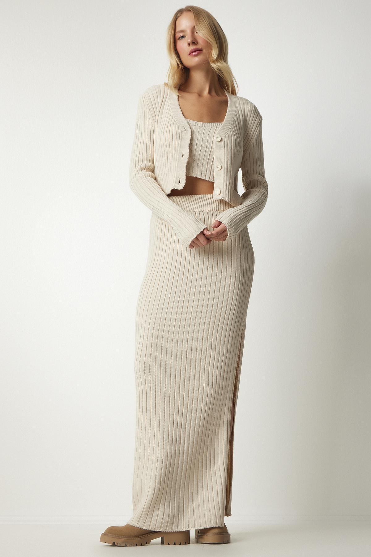 Happiness Istanbul - Cream Cardigan Athlete Skirt Knitwear Co-Ord Set
