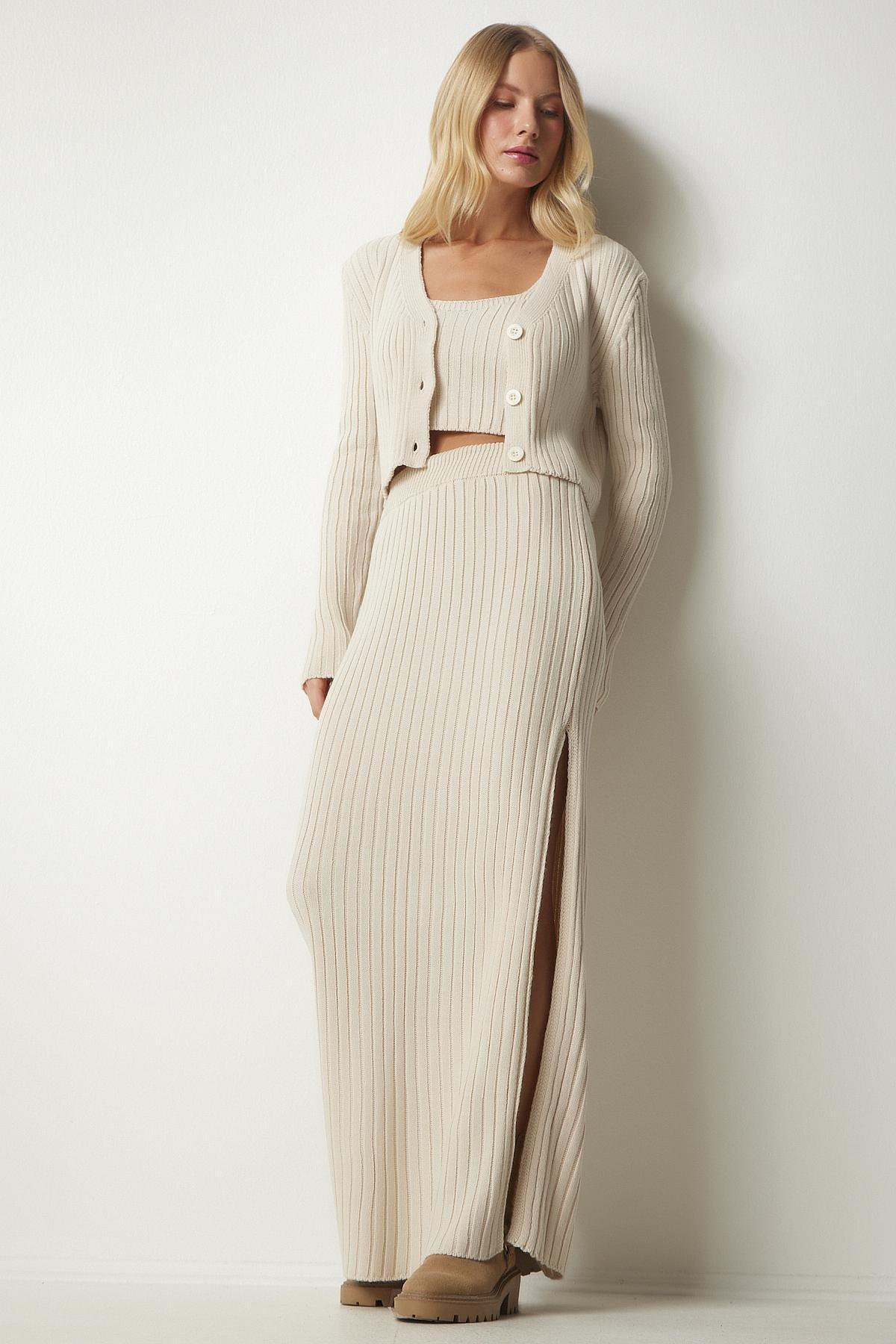Happiness Istanbul - Cream Cardigan Athlete Skirt Knitwear Co-Ord Set