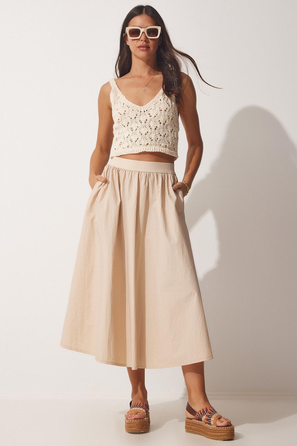Beige Midi Skirt, Cream, large image number 0
