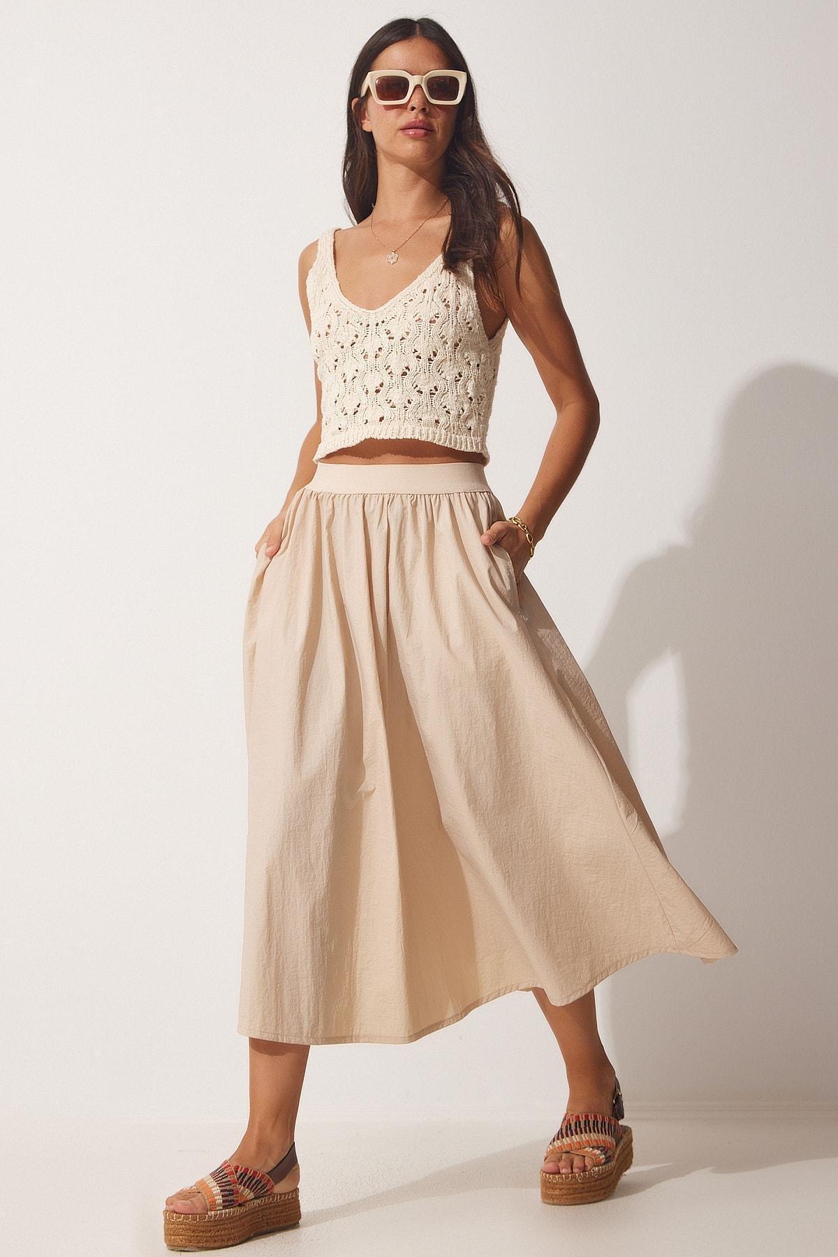 Beige Midi Skirt, Cream, large image number 1