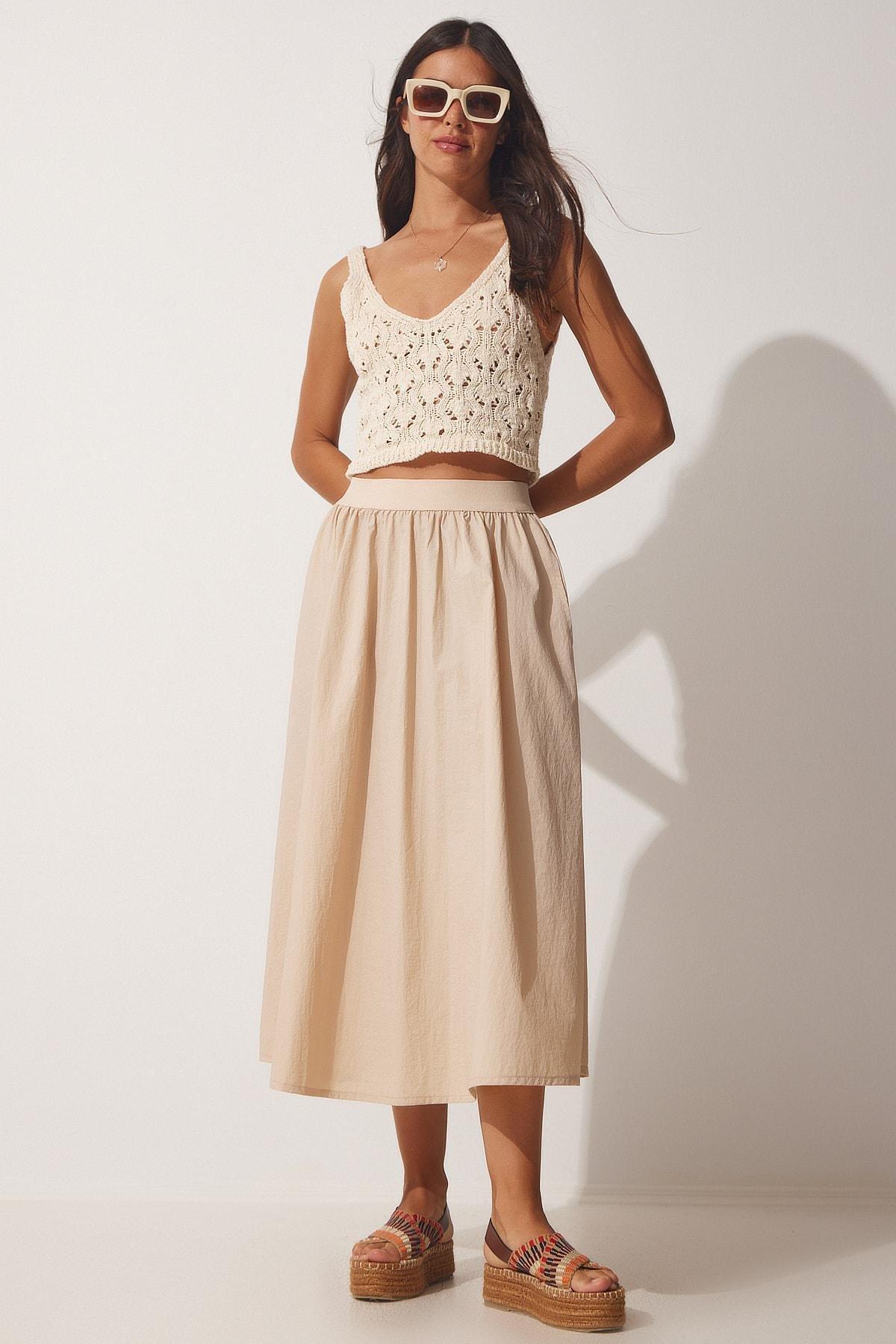 Beige Midi Skirt, Cream, large image number 2